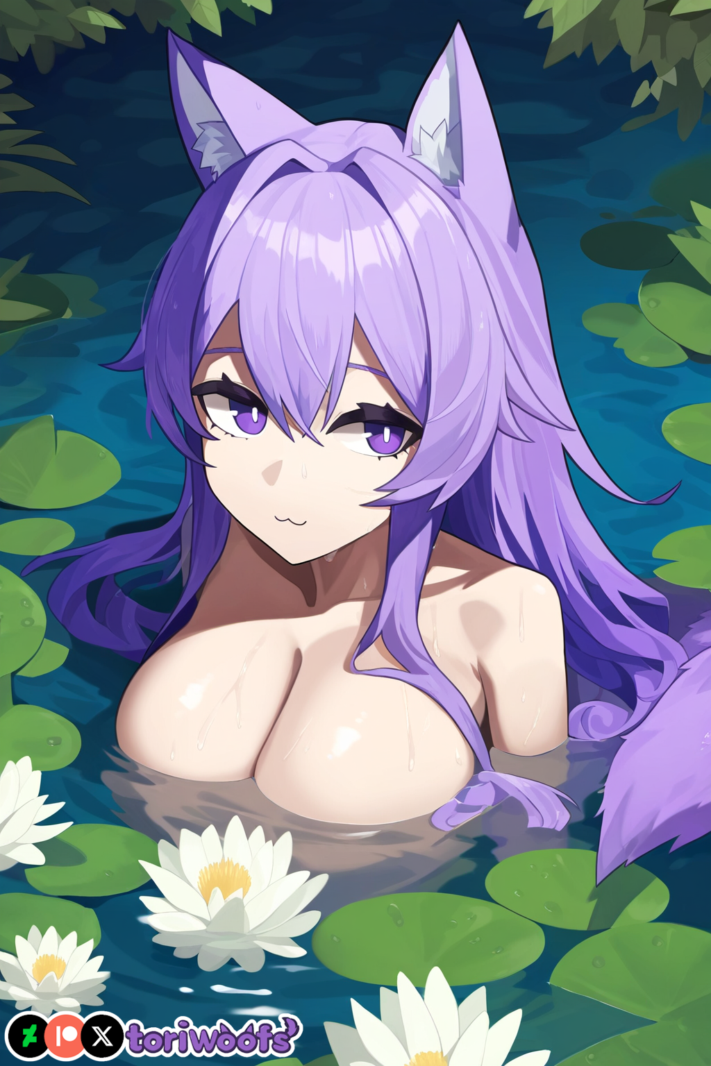 1girls :3 ai_generated breasts cleavage curvy cute dog_ears dog_girl doggirl female female_only flower highres hips huge_breasts kemonomimi light_skin light_skinned_female lily_pad long_hair naked naked_female nude nude_female patreon_username petgirl petite pond public public_nudity purple_ears purple_eyes purple_hair purple_tail skinny_dipping smile thick_thighs thighs tori toriwoofs water watermark wide_hips wolf_ears