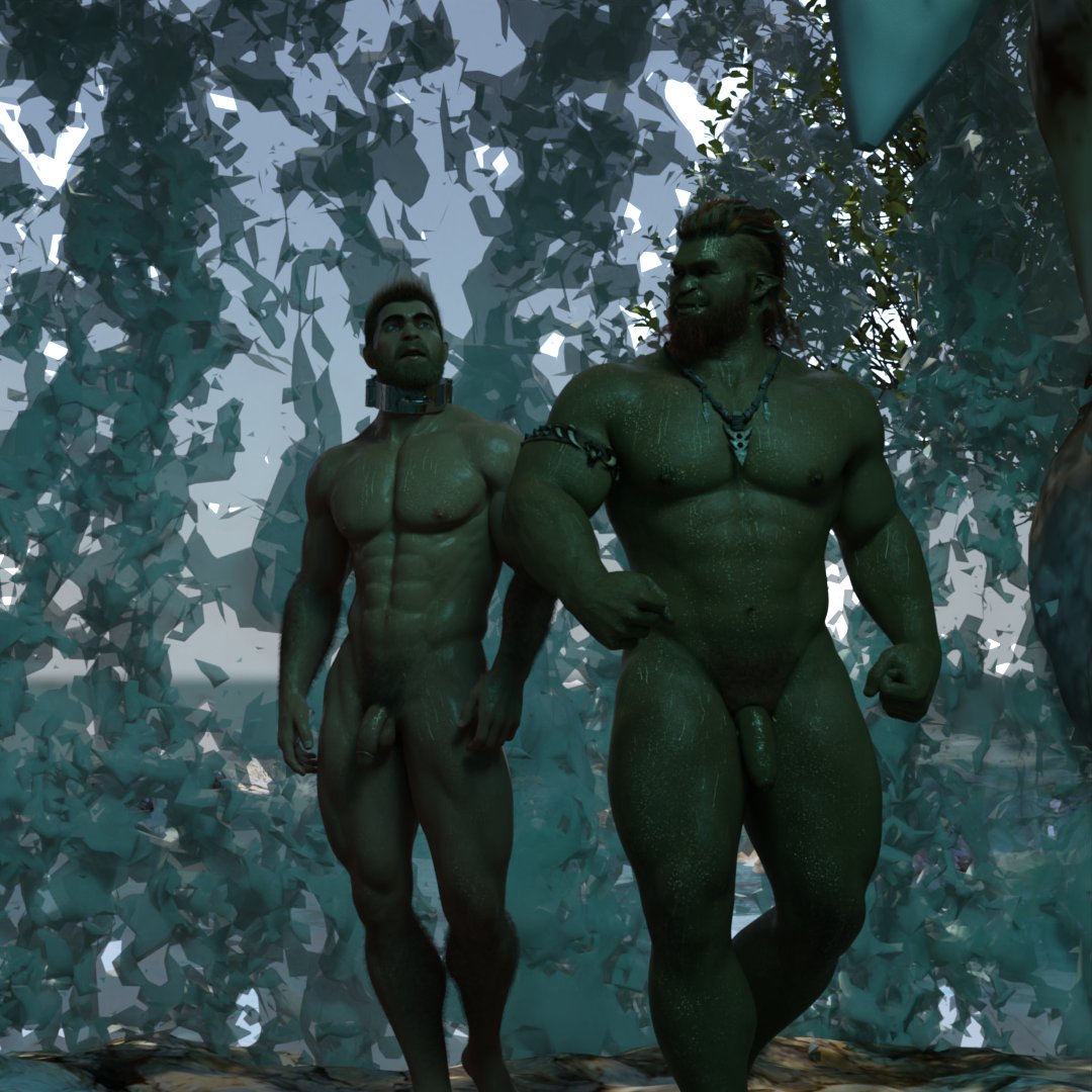 1human 1orc 2boys 2males 3d 3d_(artwork) 3d_model dim_lighting dim_room flaccid flaccid_cock flaccid_penis friends friendship ginger ginger_hair green_eyes human male_only naked naked_male nude nude_male oc orc orc_male original original_characters red_hair slave_collar waterfall wereorc_(artist)