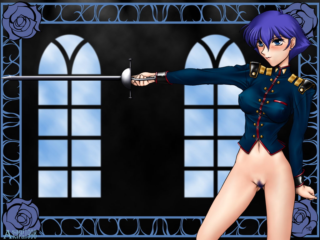 1998 1girls akira_asagi blue_hair blue_pubic_hair blush bottomless breasts erect_nipples_under_clothes female female_only human kozue_kaoru nipples_visible_through_clothing pale-skinned_female pale_skin pubic_hair pussy revolutionary_girl_utena smirk solo sword