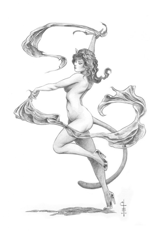 breasts catgirl cevenhuis dancing dark_hair female female_only greyscale high_heels light_skin medium_hair monochrome mostly_nude omaha_the_cat_dancer realistic shoes side_view simple_background solo susan_jensen tagme traditional_media_(artwork) white_background