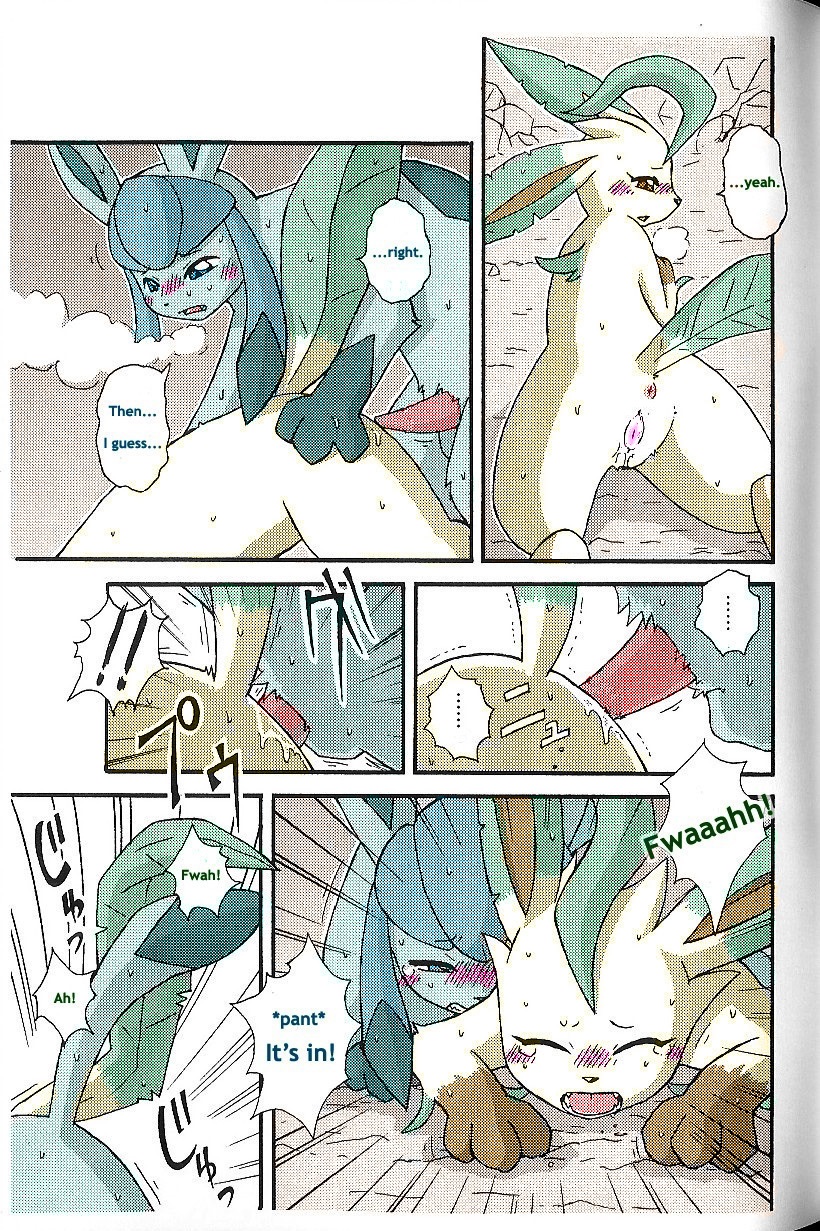 blue_eyes blush brown_eyes comic doujinshi eeveelution female glaceon kemono leafeon mikazuki_karasu nintendo penis pokemon pokemon_(species) pussy sex translated video_games