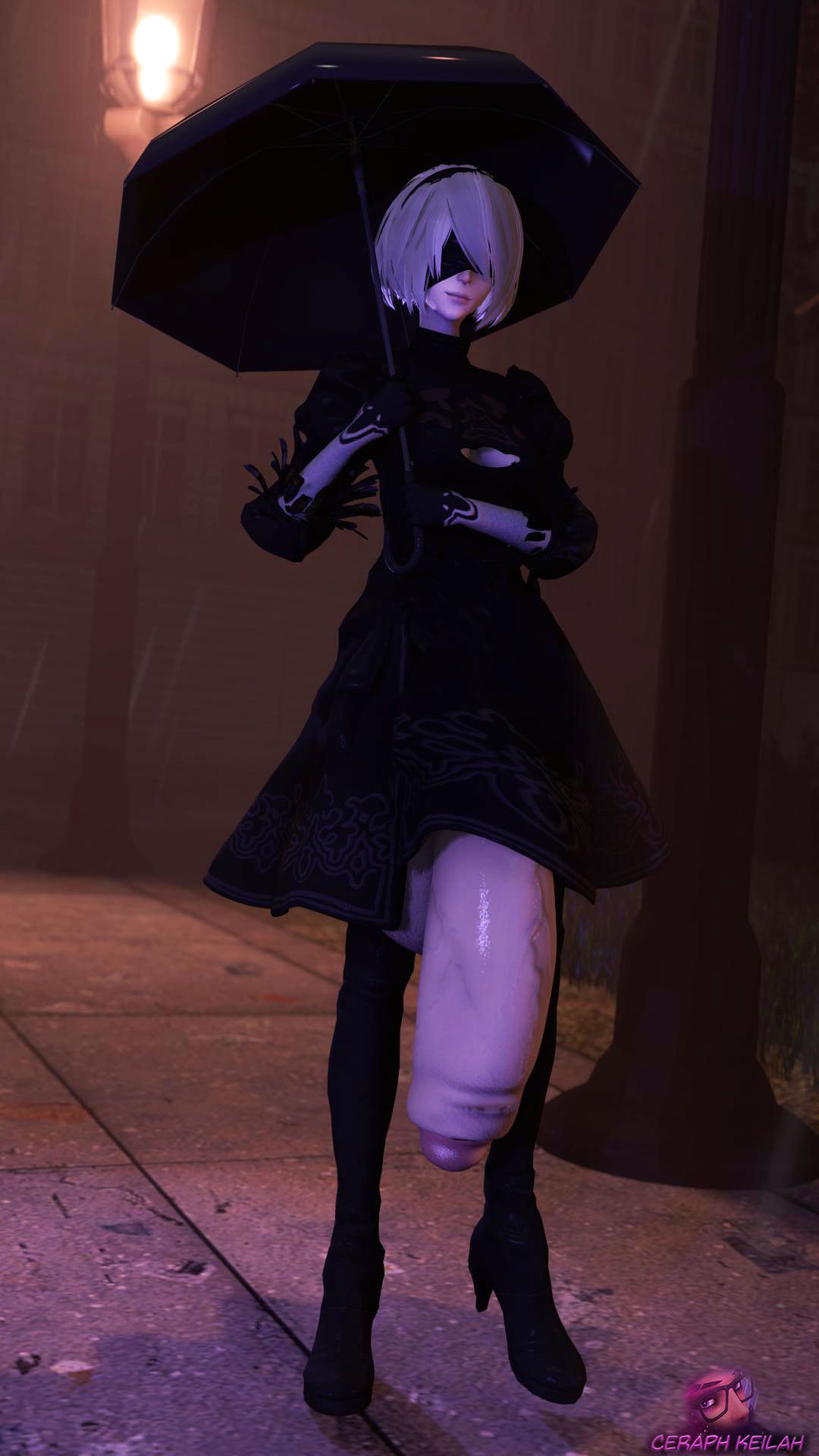 1futa, 3d, bottomless skirt, casual exposure, ceraph keilah, flaccid, foreskin, futa only, futanari, huge cock, hyper, hyper penis, intersex, looking at viewer, nier, nier: automata, outdoors, partially retracted foreskin, penis, retracted foreskin, solo, source filmmaker, standing, umbrella, uncircumcised, uncut, yorha 2b