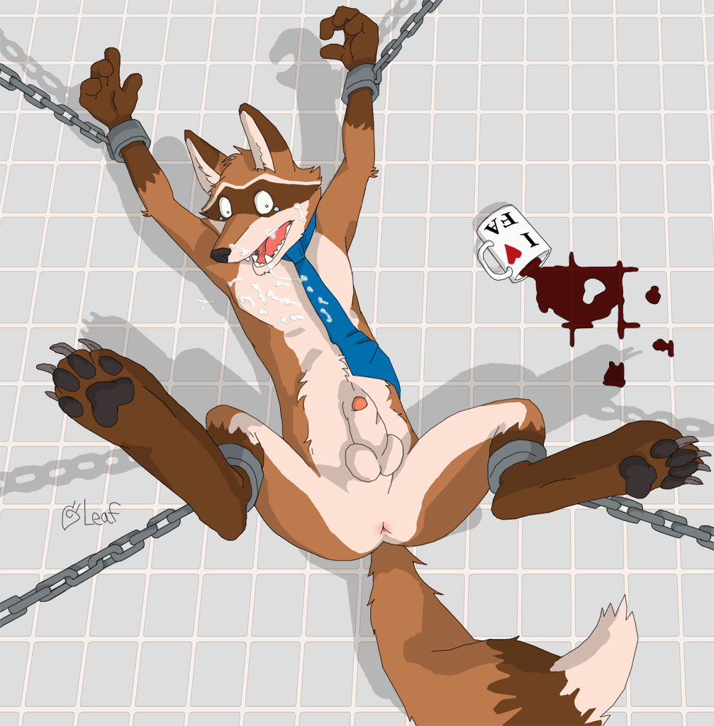 1boy against_wall anus ass balls bondage bound canine chains cum cup facial fender ferrox fox furaffinity furry handcuffed hybrid implied_rape leafdog male male_only mascot paws penis scared sheath spread_legs wall