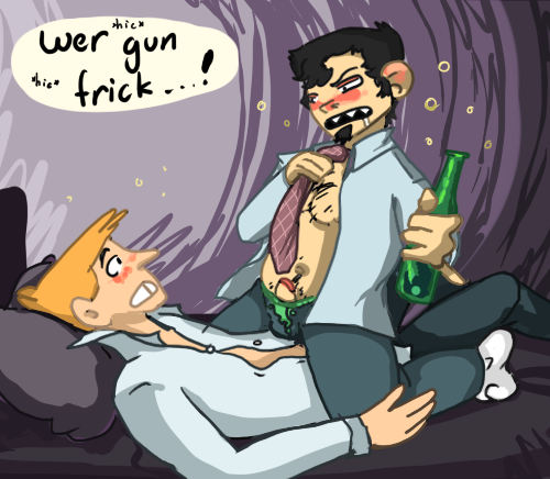 bed beer_bottle black_hair blonde_hair blush chest_hair chris_pearson dan_(dan_vs) dan_vs. drunk facial_hair male_only open_clothes open_shirt pillow sharp_teeth shirt socks tie unbuttoned_shirt