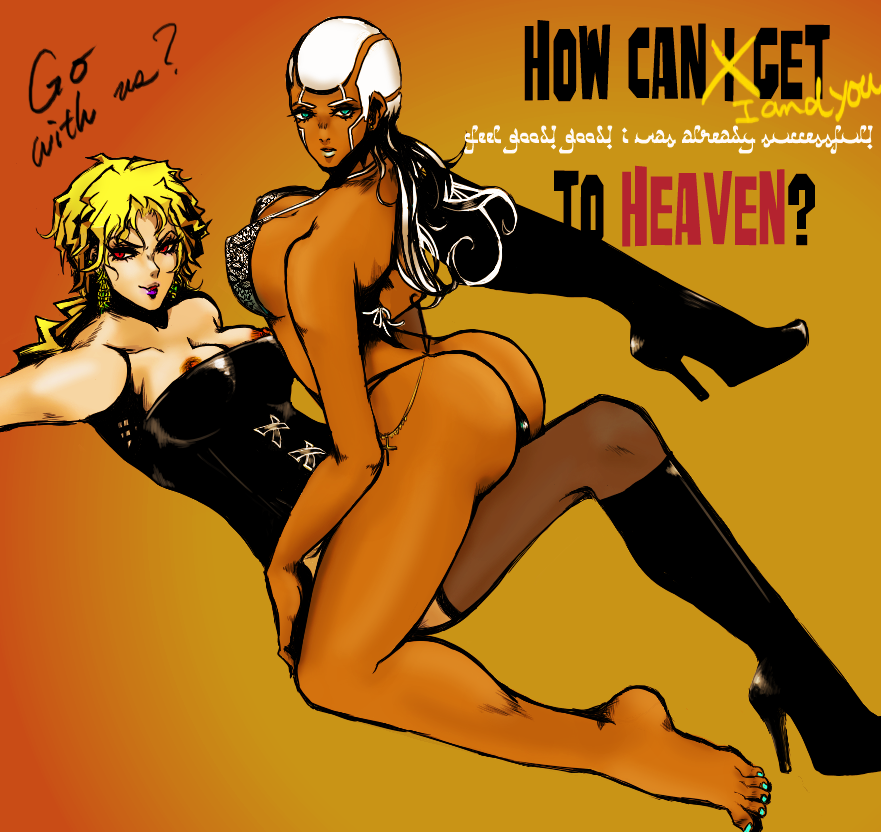 2girls areola babibo breasts cleavage color dark-skinned_female dark_skin dio_brando enrico_pucci female female_dio female_only high_heel_boots human jojo's_bizarre_adventure multiple_females multiple_girls nipples rule_63 shounen_jump stone_ocean vampire villainess voluptuous yuri