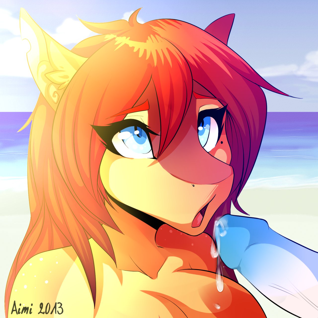 aimi anthro beach blue_eyes breasts cum cum_on_breasts duo fellatio female fish furry hair marine open_mouth oral oral_sex penis red_hair seaside sex shark