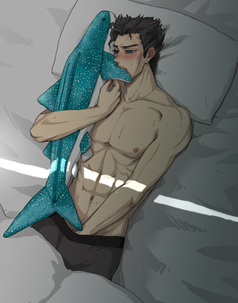 1boy bed black_hair blush boxers boxers_only hand_in_underwear implied_masturbation jojo's_bizarre_adventure jotaro_kujo kyoko_ishikyo male male_nipples male_only muscular_male no_visible_genitalia pecs pillow solo_male stardust_crusaders stuffed_dolphin tagme touching_penis