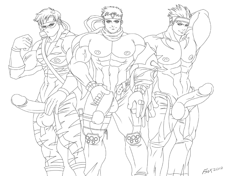 2012 3boys balls bara black_and_white crossover cyberbots erect_penis erection fallenmessiahx gay human hwang_seong-gyeong jago_(killer_instinct) jin_saotome killer_instinct line_art male male_only monochrome muscular muscular_male penis simple_background soul_calibur tagme uncensored video_games yaoi