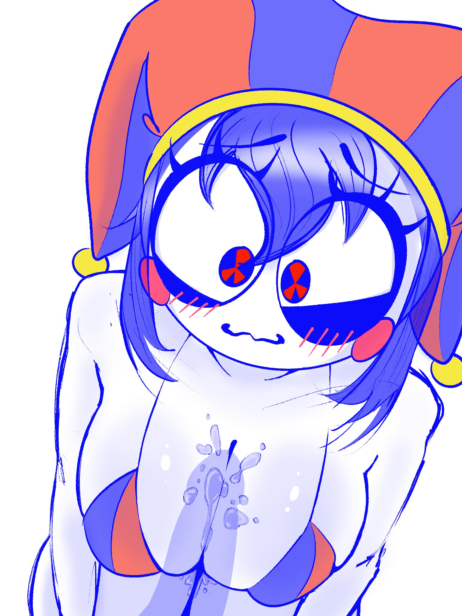 2023, 2d, 2d (artwork), 2d artwork, artist request, bikini, blush, breasts, cum, cum on breasts, female, glitch productions, gloves, gooseworx, jester, jester cap, jester costume, jester girl, jester hat, jester outfit, looking at penis, male, medium breasts, penis, penis shadow, pomni, pomni (the amazing digital circus), short hair, straight, the amazing digital circus, thick thighs, thighs, white body