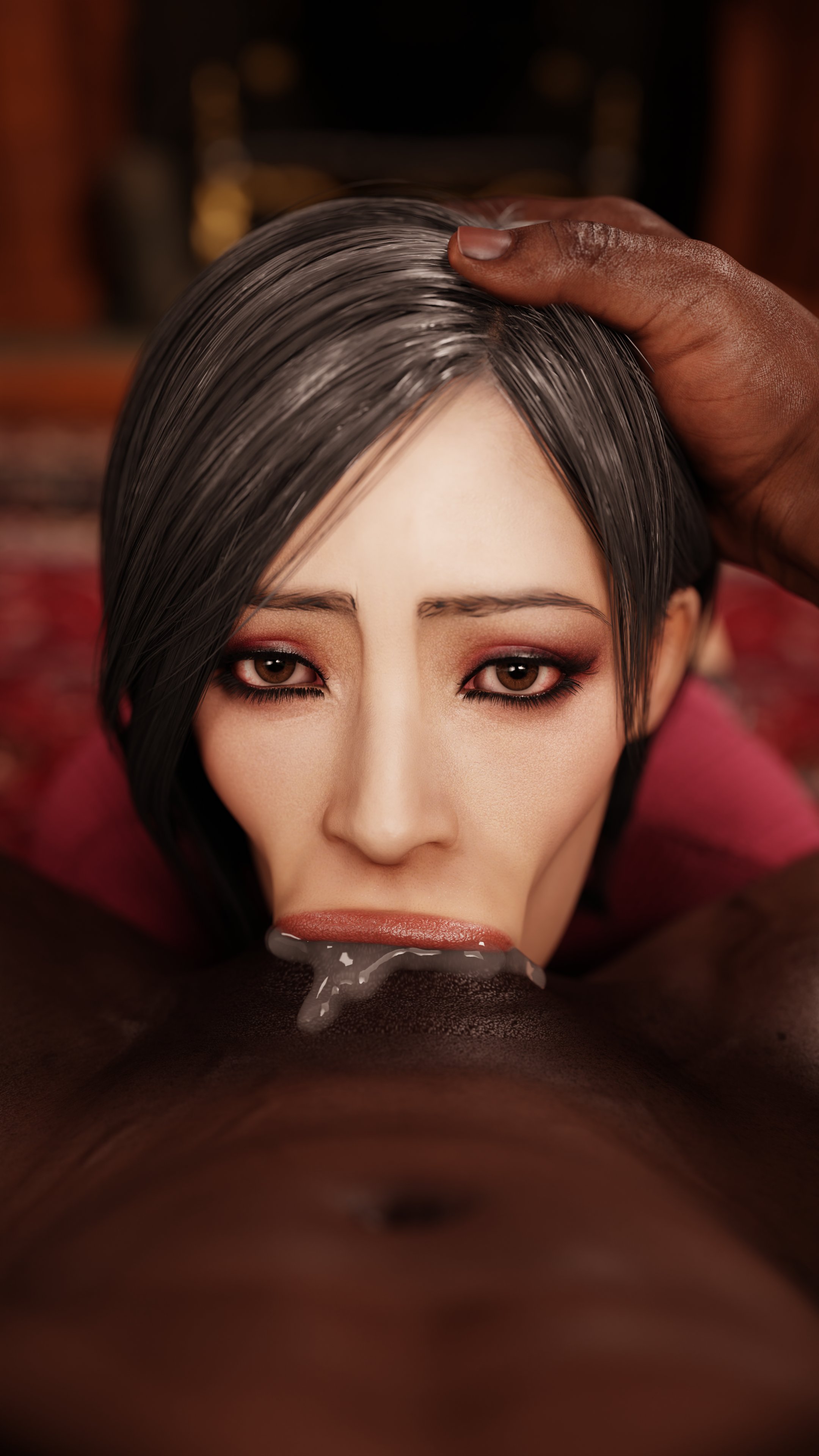 :>=, 1boy, 1girls, 3d, ada wong, ada wong (adriana), blender, blowjob, blowjob face, capcom, choking on cock, cum, cum in mouth, cum leaking, cum overflow, dark skin, dark-skinned male, deepthroat, fellatio, female, hand on head, interracial, lipstick, love, male, oral creampie, penis, resident evil, resident evil 4, resident evil 4 remake, stephanie23, straight