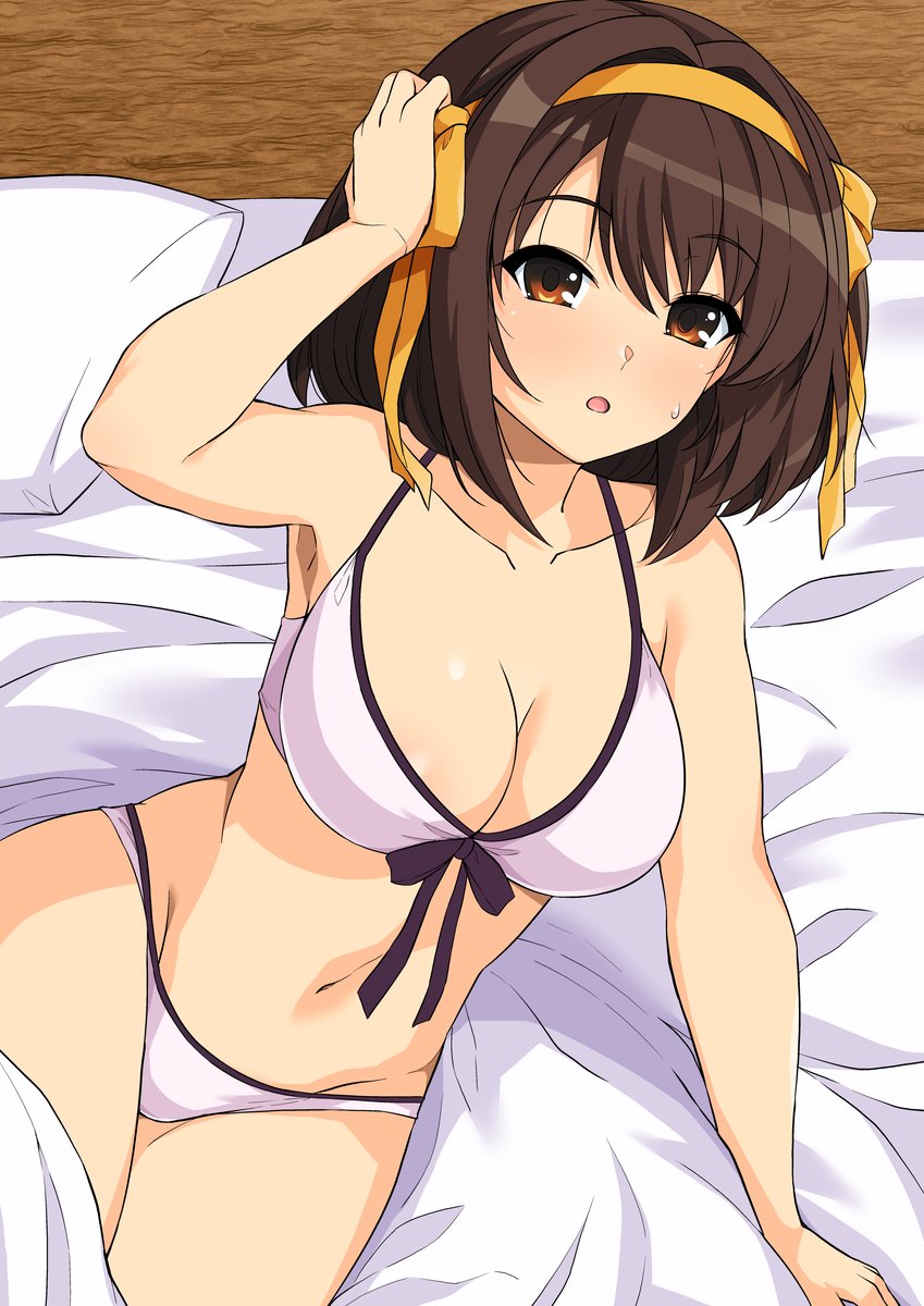 bikini breasts brown_eyes brown_hair cleavage collarbone commentary_request female hair_ribbon hairband hand_on_own_head haruhisky highres large_breasts looking_at_viewer medium_hair navel on_bed pillow ribbon solo suzumiya_haruhi suzumiya_haruhi_no_yuuutsu sweatdrop swimsuit white_bikini yellow_hairband yellow_ribbon