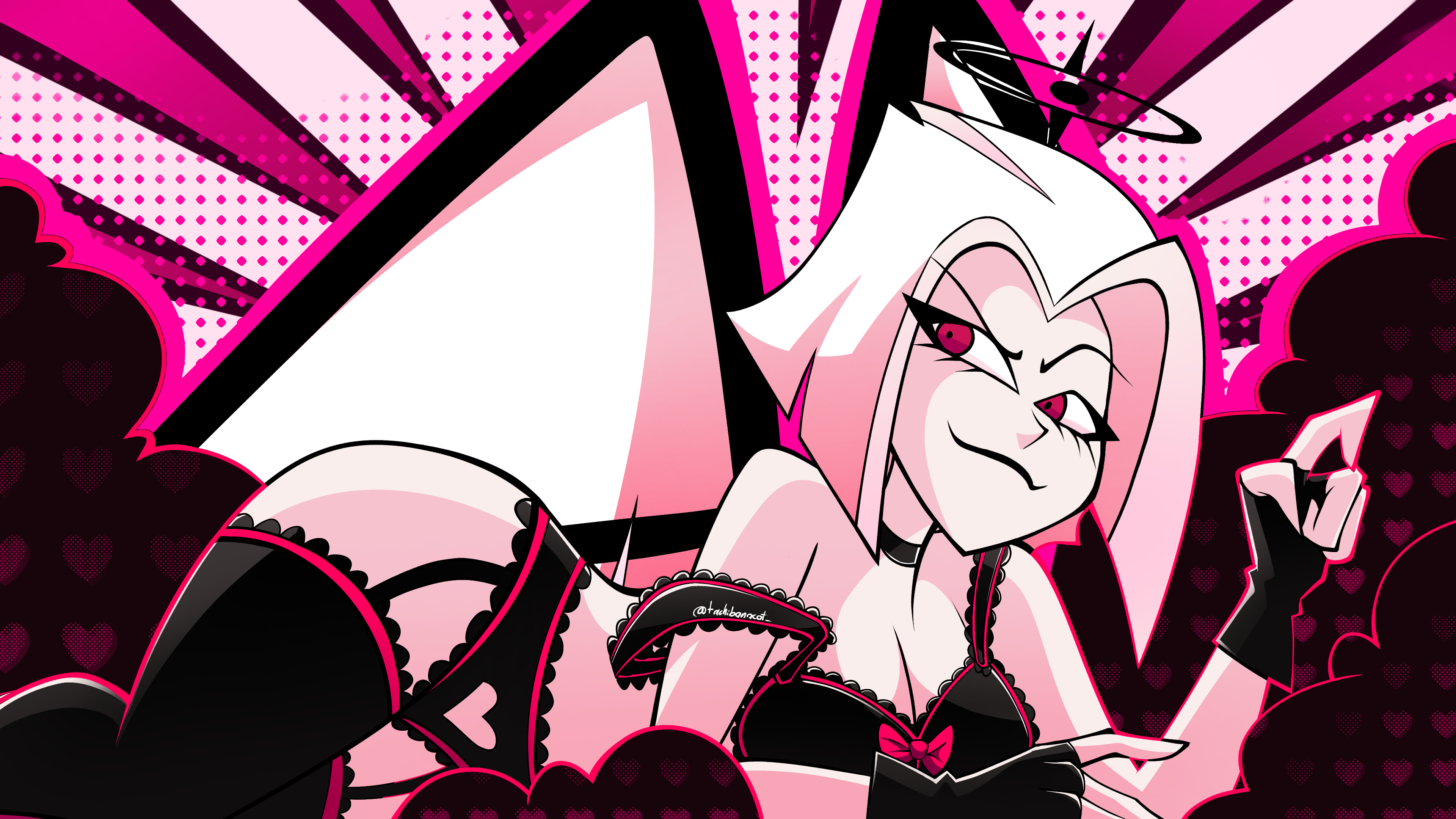 1girls, 2024, absurdres, angel, angel wings, breasts, cleavage, draw-cat, female, female only, fingerless gloves, halo, hazbin hotel, highres, light skin, light-skinned female, lingerie, lute (hazbin hotel), pale skin, pale-skinned female, pin up, pinup, red eyes, short hair, smug, solo, stockings, white hair
