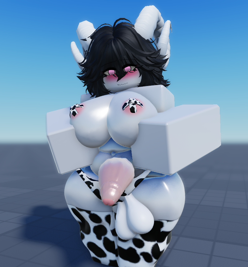 1futa bandaids_on_nipples black_hair breasts clothed clothing cow_print hecahhte large pink_eyes roblox robloxian thick_legs thick_thighs thighhighs white_skin