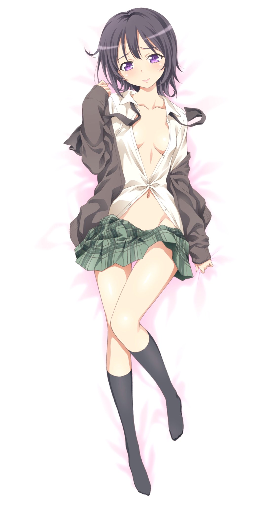 black_cardigan black_hair black_socks blush boku_wa_tomodachi_ga_sukunai breasts cardigan closed_mouth clothes_pull collarbone dakimakura_(medium) female full_body green_skirt groin hand_up highres knee_socks kneehighs kneesocks looking_at_viewer lying mikazuki_yozora navel on_back open_clothes open_shirt partially_unbuttoned plaid plaid_skirt pleated_skirt purple_eyes school_uniform shirt skirt skirt_pull small_breasts socks solo st._chronica_academy_school_uniform thighs watanabe_yoshihiro white_background white_shirt