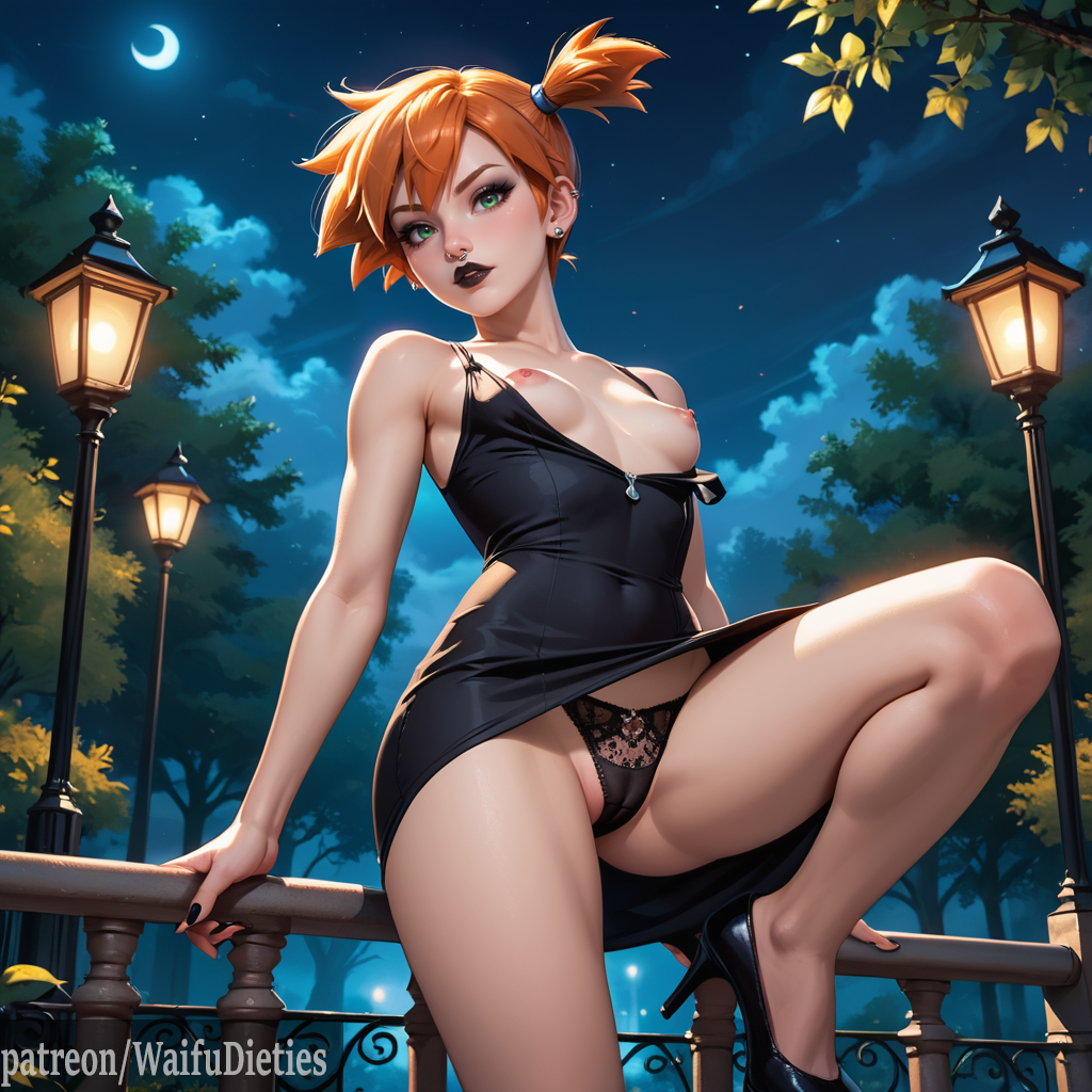 1girls ai_generated black_lips breasts breasts_out cameltoe exposed_breasts eye_shadow female goth goth_girl green_eyes misty_(pokemon) orange_hair panties petite petite_body petite_breasts petite_female pokemon small_breasts stable_diffusion waifudieties