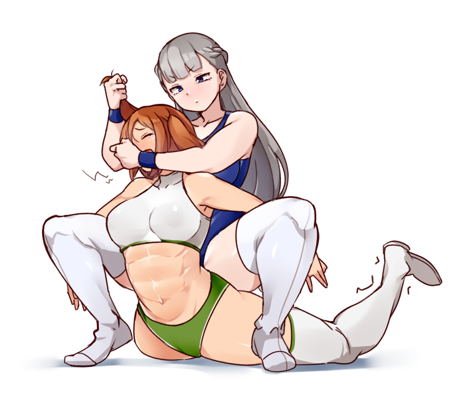 2girls abs alternate_muscle_size blue_eyes breasts brown_hair camel_clutch catfight closed_eyes commentary_request crying frown grabbing_another's_hair grey_hair hanzo_(2929) kanne_(sousou_no_frieren) lawine_(sousou_no_frieren) long_hair multiple_girls muscular muscular_female sitting sitting_on_person sousou_no_frieren tank_top tears thighhighs white_background wrestling wrestling_outfit wristband yuri