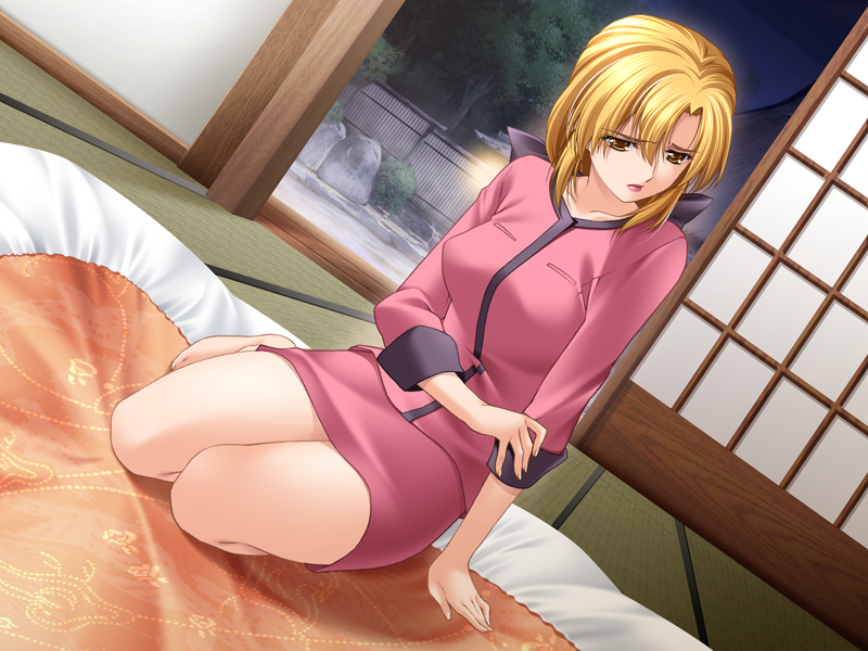 barefoot blonde_hair brown_eyes dutch_angle female fujii_saeko futon game_cg hair_between_eyes hair_intakes hitou_meguri indoors long_hair long_sleeves looking_away miniskirt pencil_skirt pink_shirt pink_skirt shirt sitting skirt solo watanabe_yoshihiro zoku_hitou_meguri