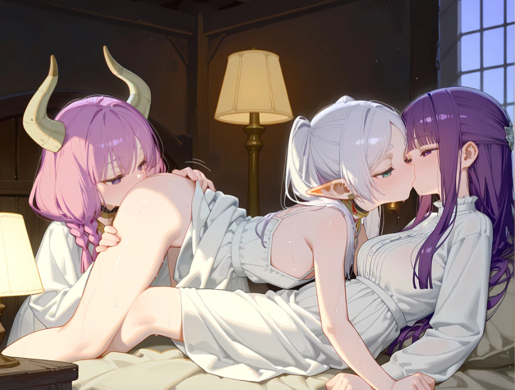 ai_generated anilingus aura_(sousou_no_frieren) blush demon eating_ass elf fern_(sousou_no_frieren) fff_threesome frieren green_eyes human kissing lying_on_back lying_on_bed mostly_clothed pink_eyes pink_hair purple_hair sousou_no_frieren student teacher teacher_and_student white_hair yuri