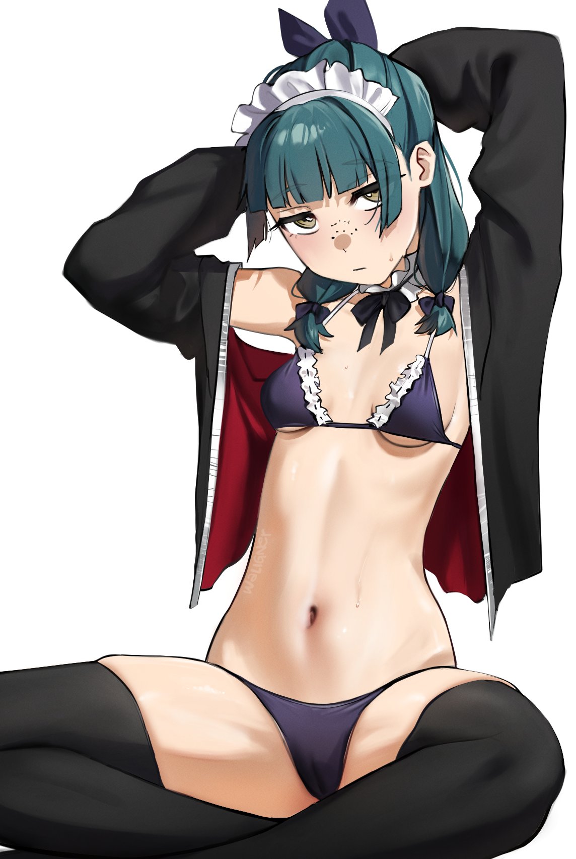 1girls, alternate version available, ambiguous eye color, artoria pendragon (alter swimsuit rider) (cosplay), artoria pendragon (alter swimsuit rider) (second ascension) (cosplay), artoria pendragon (alter) (cosplay), bikini, black bikini, breasts, cameltoe, choker, commentary, cosplay, english commentary, fate (series), fate/grand order, female, female only, freckles, frilled bikini, frilled choker, frills, highres, jacket, kusuriya no hitorigoto, looking at viewer, maid, maid bikini, maid headdress, maomao (kusuriya no hitorigoto), navel, open clothes, simple background, sitting, small breasts, solo, swimsuit, thighhighs, turquoise hair, unconventional maid, waligner, white background