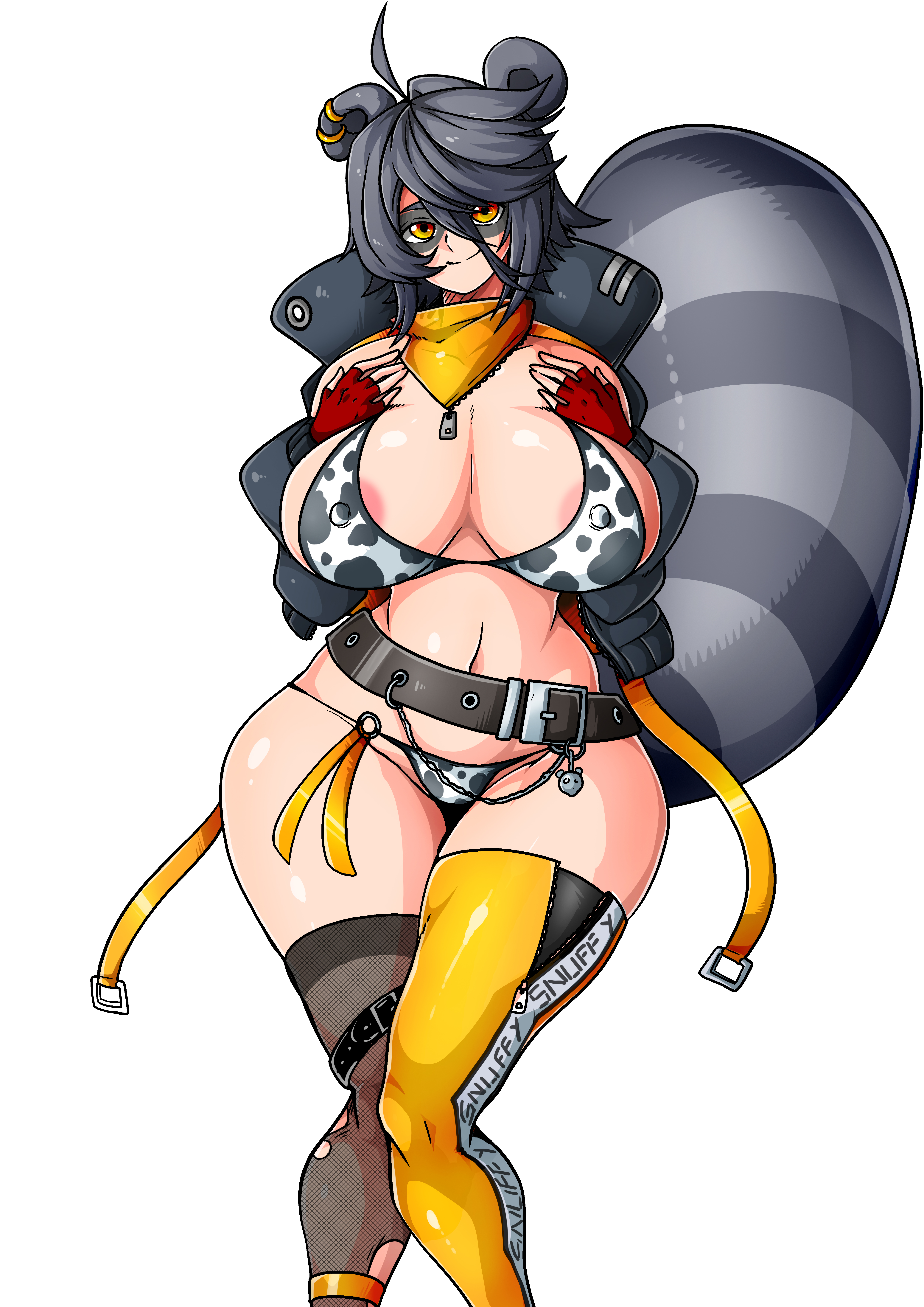 1girls, 3am, areola slip, belt, bikini, breasts, cameltoe, cleavage, cow print, domino mask, ear piercing, fingerless gloves, gloves, jacket, large breasts, looking at viewer, navel, orange eyes, piercing, raccoon ears, raccoon tail, short hair, simple background, smile, snuffy, solo, standing, thick thighs, thighhighs, virtual youtuber, white background, wide hips, witchking00