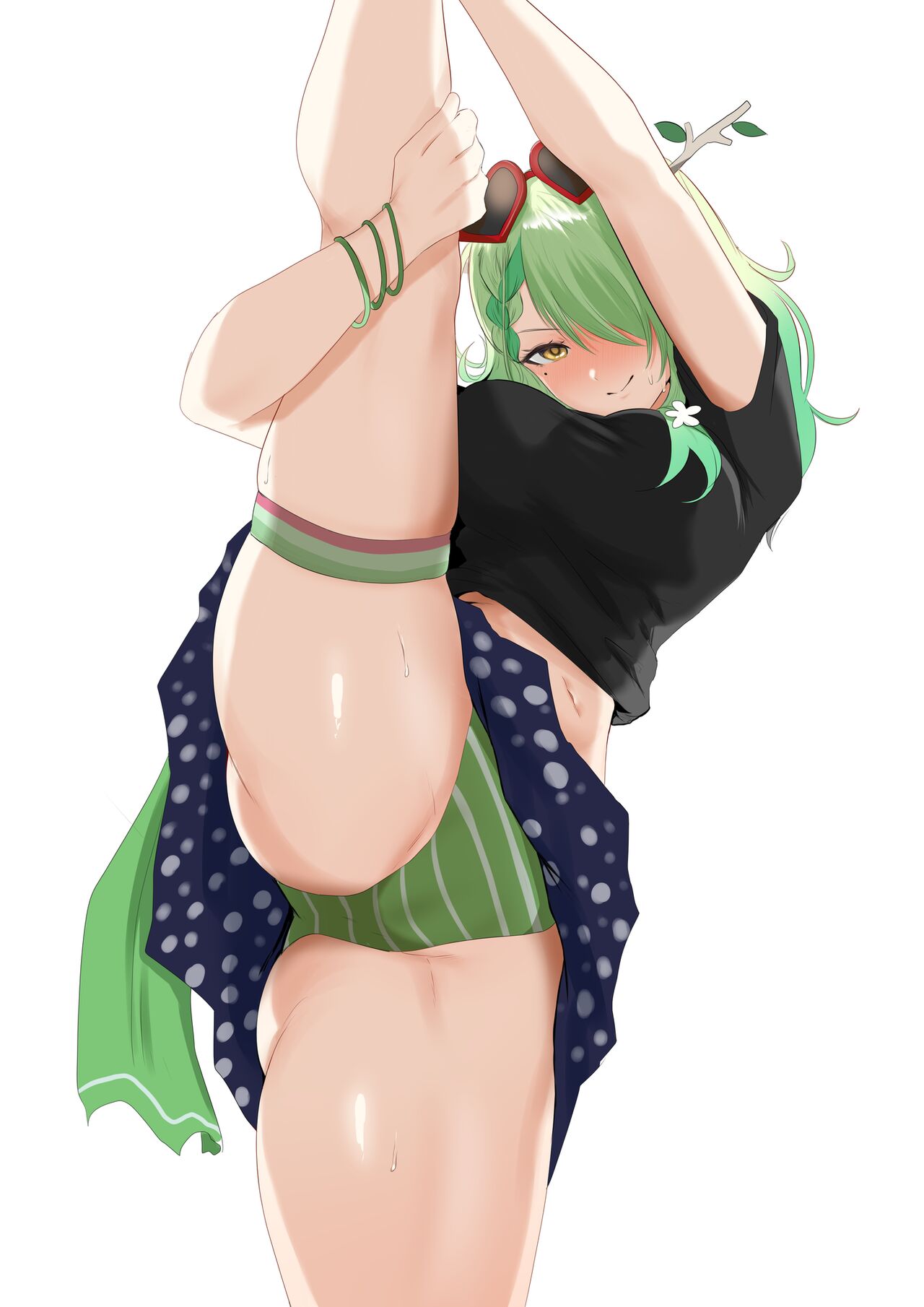 1girls, anime, anime style, antlers, ass, big breasts, bikini, bikini skirt, black shirt, blush, bracelet, breasts, ceres fauna, ceres fauna (summer 2023 swimsuit), eyewear on head, female, flashing panties, flower, green hair, hair flower, hair ornament, hi res, hololive, hololive english, hololive english -council-, hololive english -promise-, hololive summer 2023 swimsuit, horns, jewelry, large breasts, leg lift, long hair, looking at viewer, midriff, mole, mole under eye, navel, panties, redi (rasec asdjh), shiny skin, shirt, simple background, skindentation, skirt, smile, solo, split, standing, standing on one leg, standing split, striped bikini, striped clothes, sunglasses, sweat, swimsuit, upskirt, virtual youtuber, vtuber, white background, yellow eyes