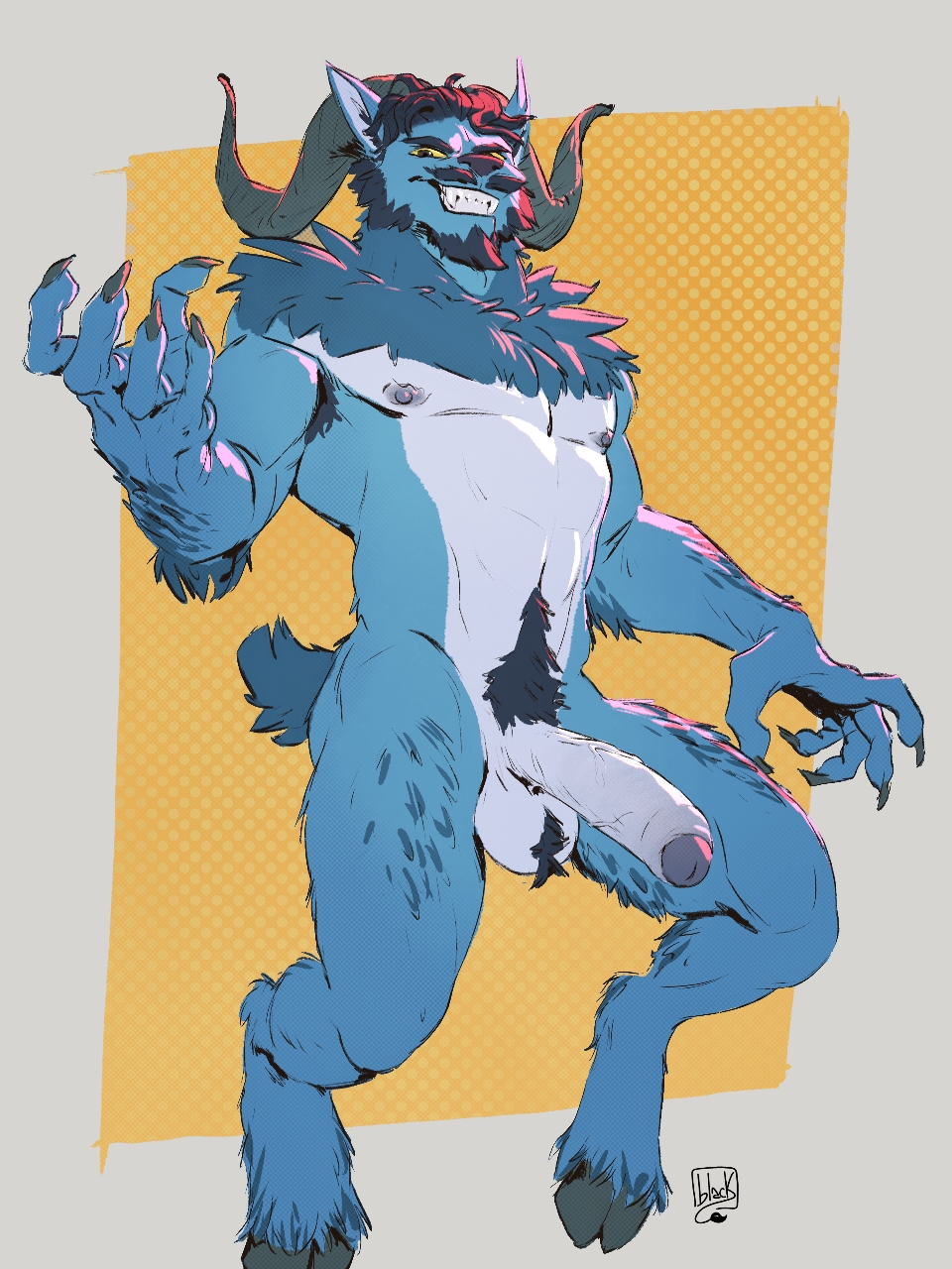 anthro ball_tuft balls beard big_penis blue_body blue_fur bovid caprine caprine_demon claws cloven_hooves demon facial_hair foreskin fur genitals goat_demon grin hi_res hooves horn humanoid_genitalia humanoid_penis invalid_tag lion21 male male_only mammal moustache muscular muscular_anthro muscular_male neck_tuft penis pubes smile solo tuft yellow_sclera