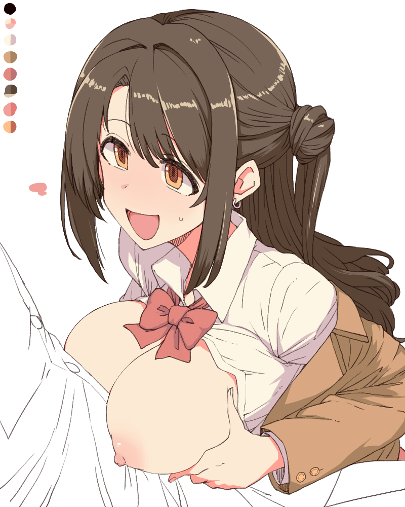 1boy :d blazer blush bow bowtie breasts breasts_out brown_eyes brown_hair collared_shirt color_guide earrings female idolmaster idolmaster_cinderella_girls jacket jewelry large_breasts long_hair long_sleeves nipples one_side_up open_clothes open_mouth open_shirt paizuri red_bow school_uniform shimamura_uzuki shirt simple_background smile solo_focus sweatdrop toriga_naku white_background white_shirt