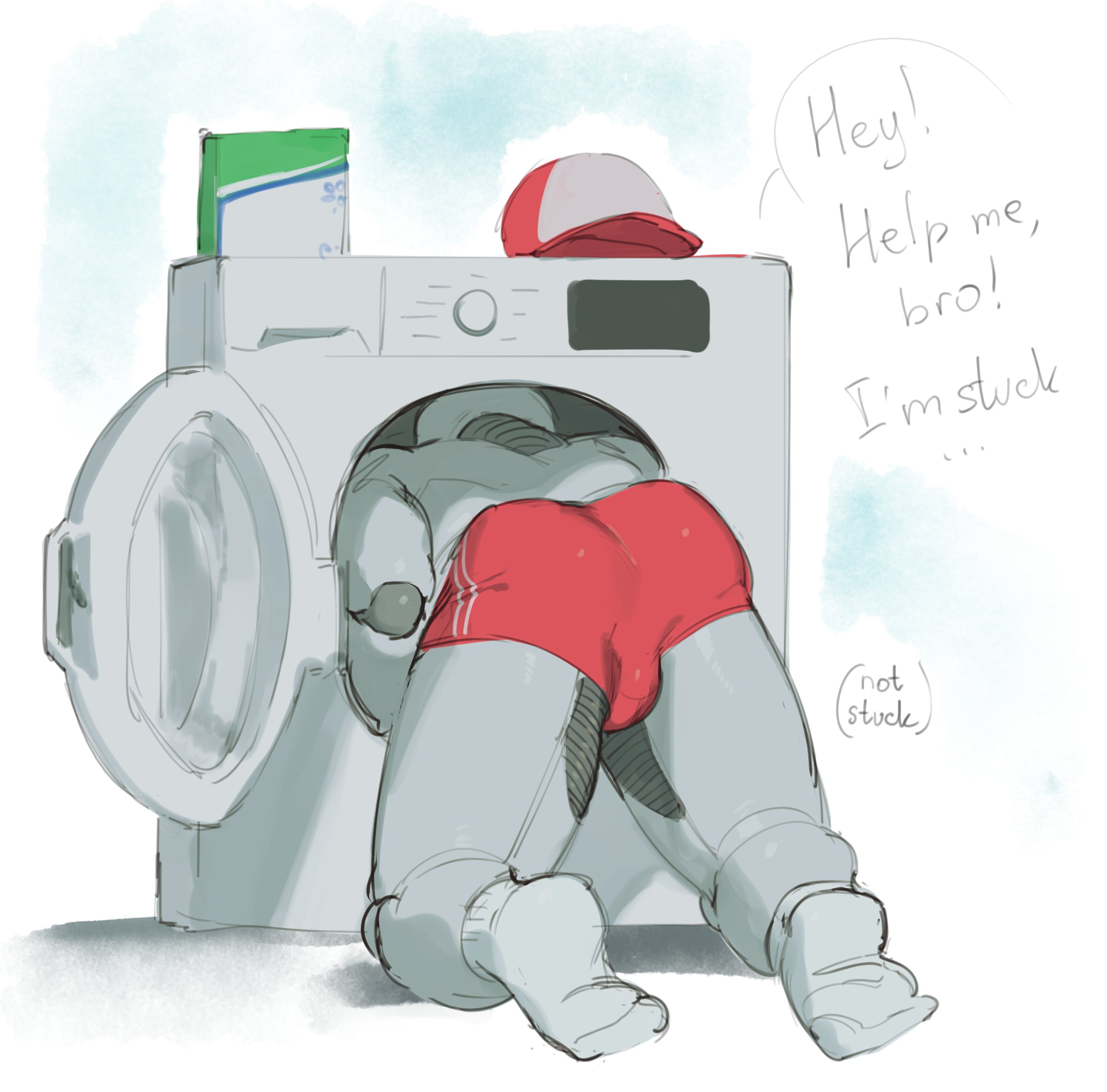 1boy, ass, back view, dialogue, english text, from behind, gay, humanoid, inviting, kogito, laundry room, living machine, machine, male, male only, partially clothed, robot, solo, solo focus, stuck, teasing, text, washing machine