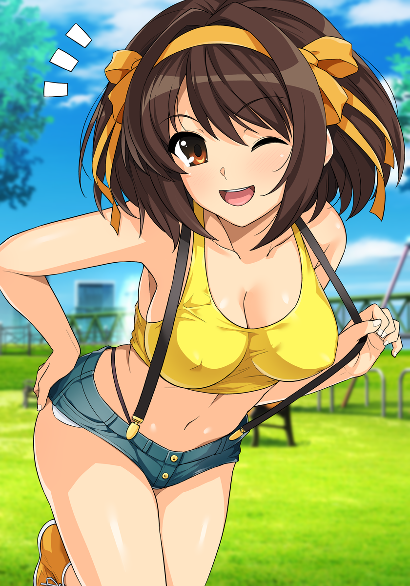 1girls ;d ass blue_shorts blue_sky breasts brown_eyes brown_hair cleavage cloud collarbone commentary_request cosplay covered_erect_nipples crop_top day erect_nipples erect_nipples_under_clothes female female_only hair_ribbon hairband hand_on_own_hip haruhisky highres large_breasts medium_hair midriff misty_(pokemon)_(cosplay) navel nipples_visible_through_clothing notice_lines one_eye_closed open_mouth outdoors playground ribbon shoes short_hair shorts sky smile solo sports_bra suspender_shorts suspenders suzumiya_haruhi suzumiya_haruhi_no_yuuutsu teeth tongue upper_teeth_only yellow_footwear yellow_hairband yellow_ribbon yellow_sports_bra