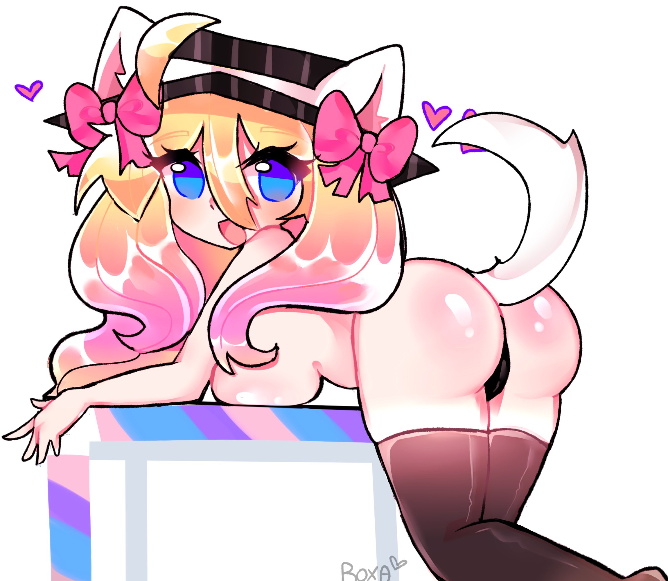 1girls, artist signature, ass, ass focus, bending over, blue eyes, breast press, breasts, cat ears, fedora, female, gradient hair, heart, panties, roblox, roblox avatar, robloxian, roxa (roxapox), roxapox, simple background, stockings, tagme, tail, thighs, topless