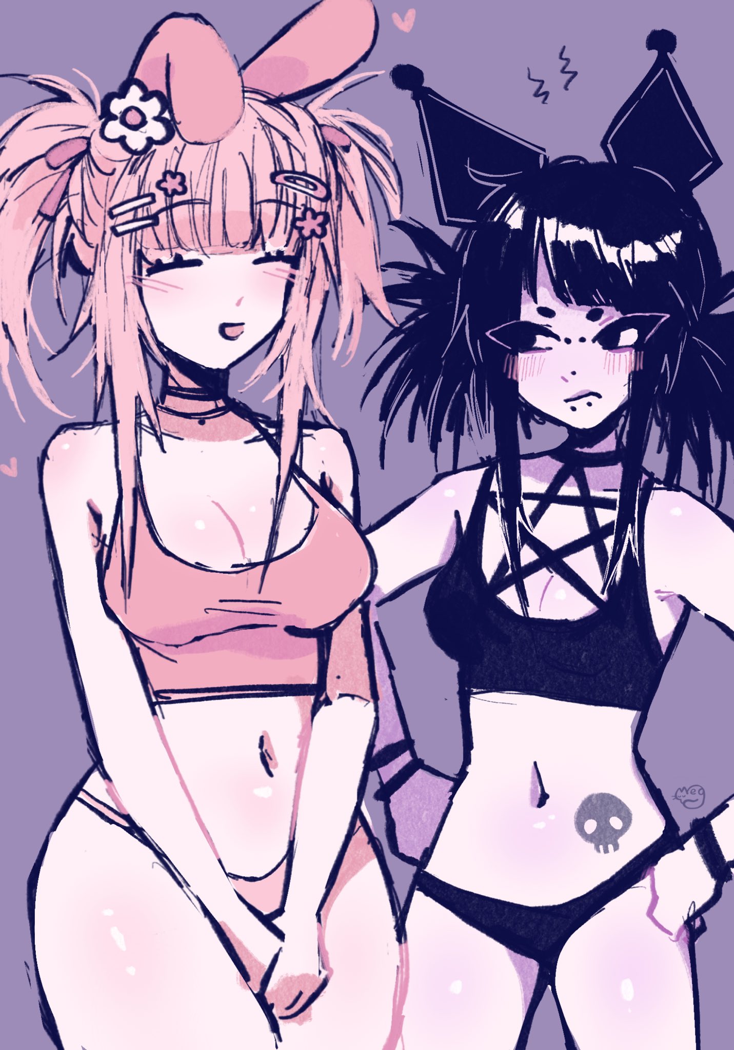 2girls, big boobs, big breasts, big tits, black hair, boobs, breasts, bunny ears, cat ears, female, female only, kuromi, megrocks, multiple females, multiple girls, my melody, no pants, onegai my melody, panties, pink hair, sanrio, small breasts, tits, tongue