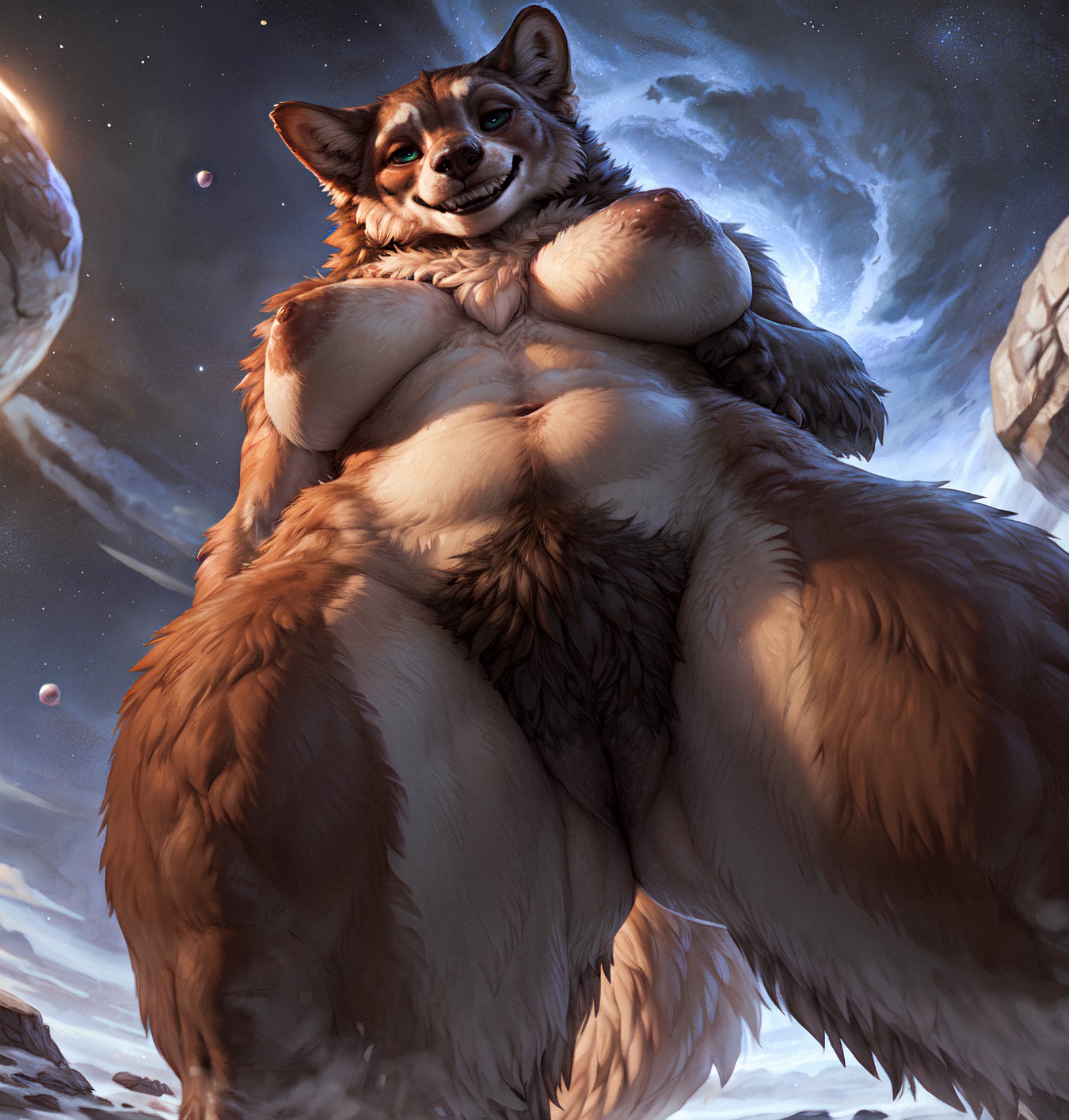ai generated, anthro, breasts, canine, cerinil, close-up, dutch angle, female, female only, female pubic hair, from below, furry, imminent facesitting, looking at viewer, looking down, nipples, peach pussy, pov, pubes, pussy, smile, smiling, solo, space, wolf