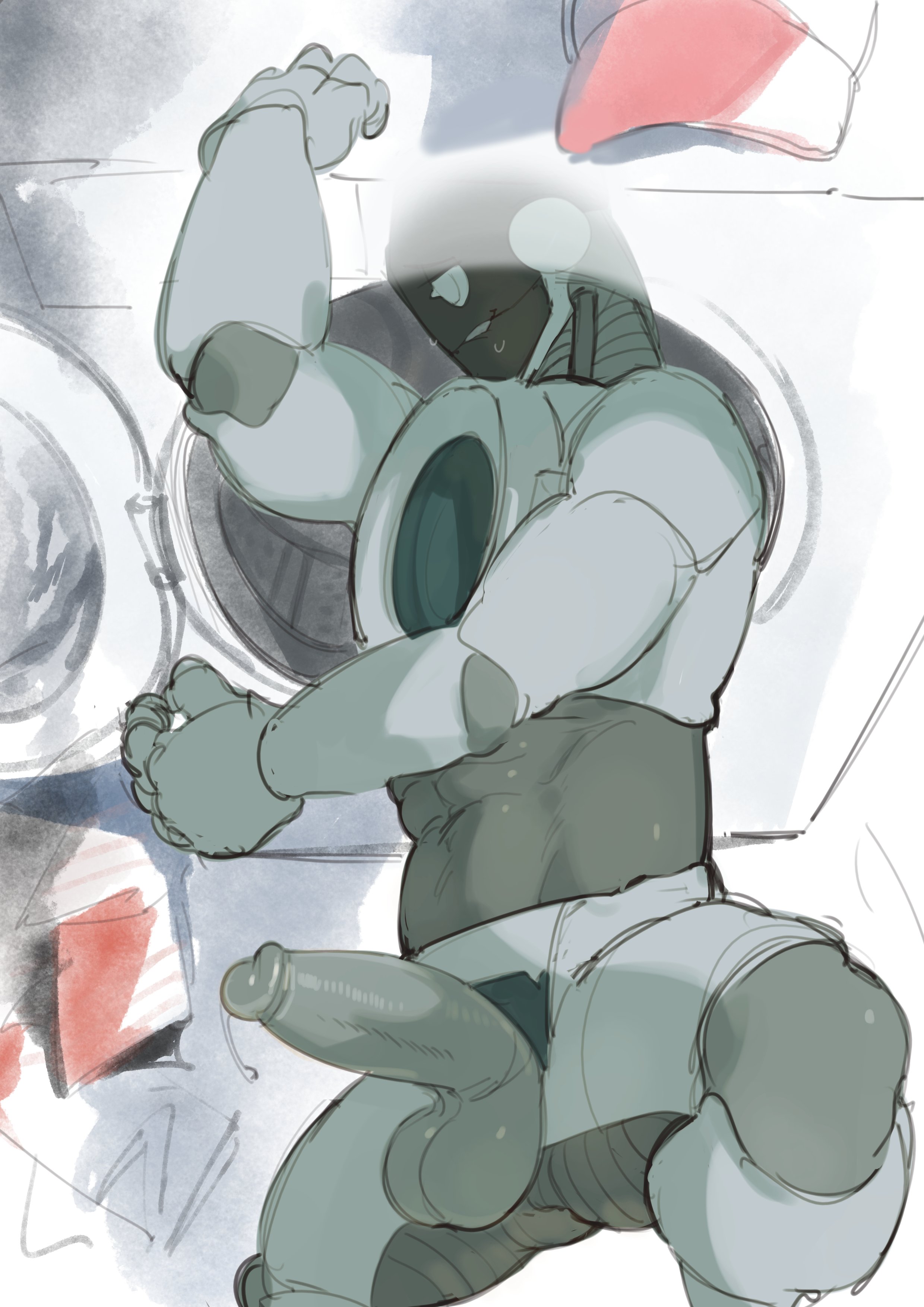 1boy, cum, erection, gay, humanoid, imminent sex, kogito, laundry room, living machine, machine, male, male only, nude, penis, precum, robot, solo, solo focus, washing machine