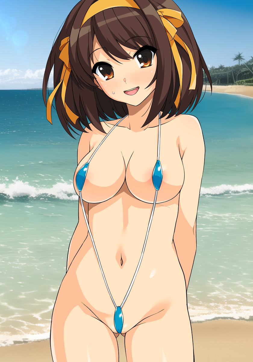 :d ai_generated areola_slip arms_behind_back bare_arms bare_shoulders beach bikini blue_bikini breasts brown_eyes brown_hair collarbone commentary_request cowboy_shot dot_nose female gluteal_fold hairband haruhisky highleg highleg_leotard highres legs_apart leotard looking_at_viewer medium_breasts medium_hair micro_bikini navel open_mouth outdoors palm_tree revealing_clothes ribbon sand sky slingshot_swimsuit smile solo suzumiya_haruhi suzumiya_haruhi_no_yuuutsu sweat swimsuit teeth thighs tree upper_teeth_only waves yellow_hairband yellow_ribbon