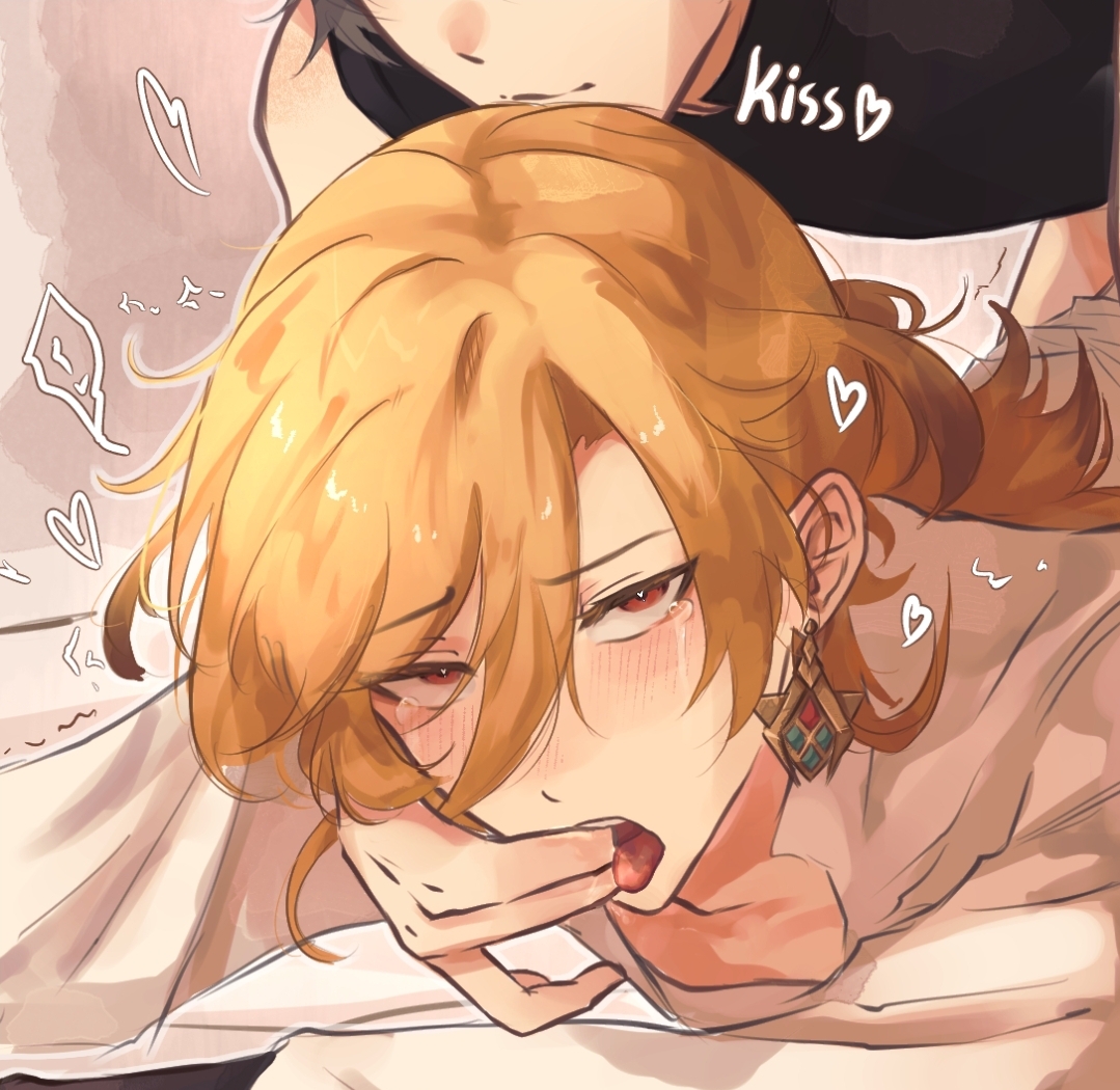 2boys, ahe gao, alhaitham (genshin impact), blonde hair, blush, blush lines, crying with eyes open, earrings, eyes rolling back, femboy, finger in mouth, gay, gay sex, genshin impact, heart, hearts around head, kaveh (genshin impact), kissing, male, male focus, male penetrated, male penetrating male, male/male, penetration, penetration from behind, red eyes, tongue, tongue out, twink, yaoi