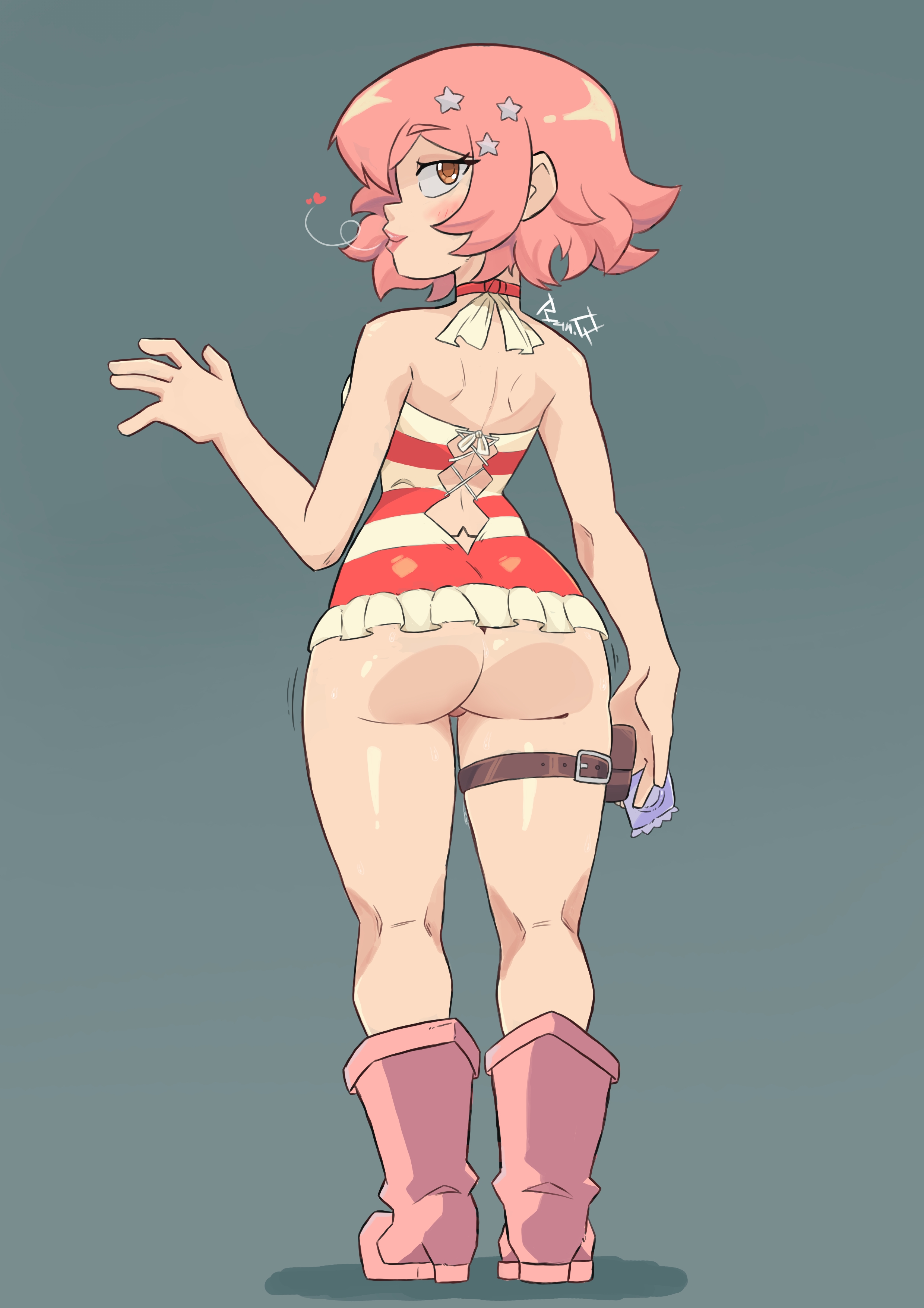 1girls, angelquartz (artist), big ass, bottomless, breasts, butt focus, dr.stone, female, luna wright, pink hair, pink-haired female, sexy body, small boobs, without panties