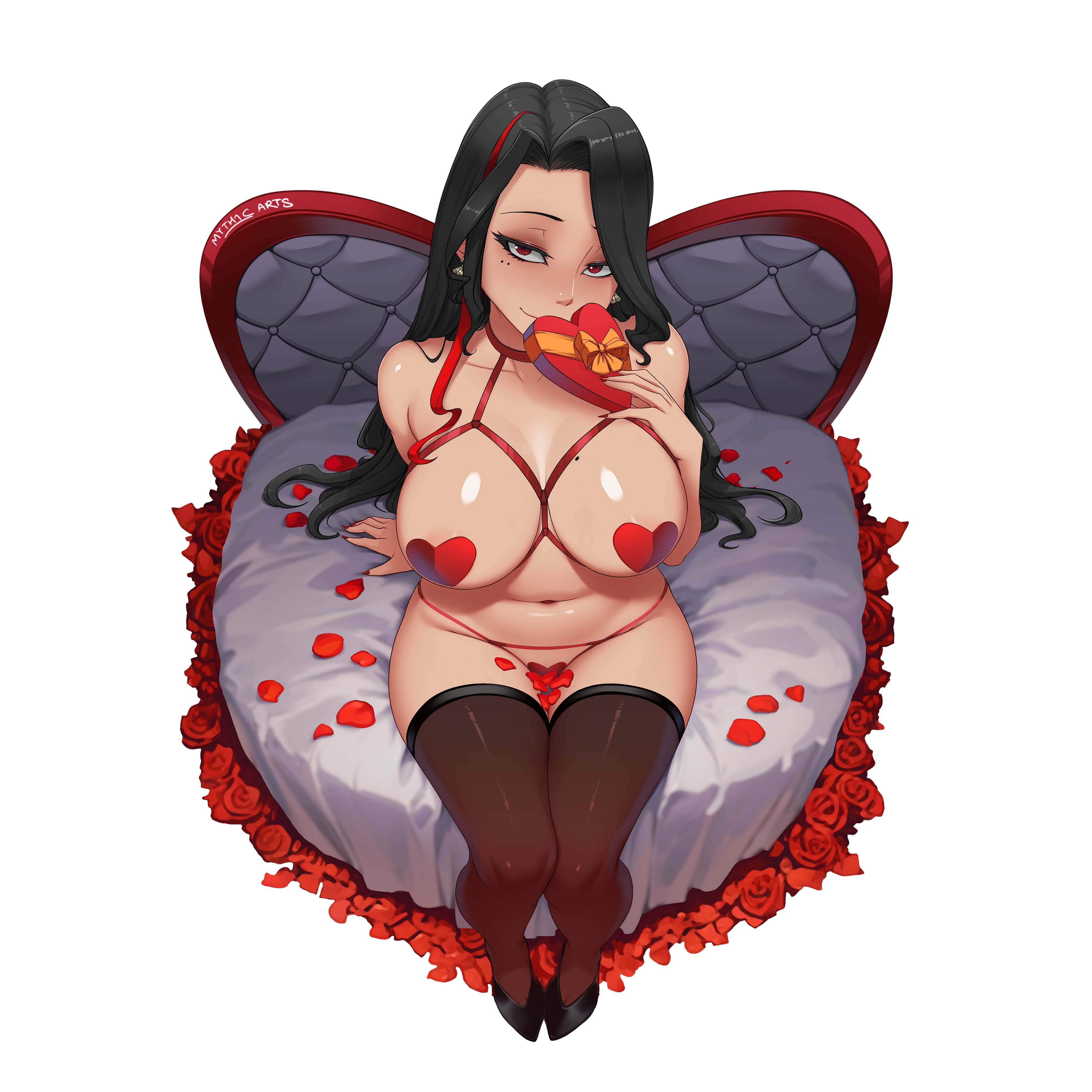 1girls, black hair, breasts, curvy, curvy female, female, female only, heart pasties, large breasts, myth1c, myth1carts, nijisanji, nijisanji en, pasties, red eyes, scarle yonaguni, sitting, virtual youtuber