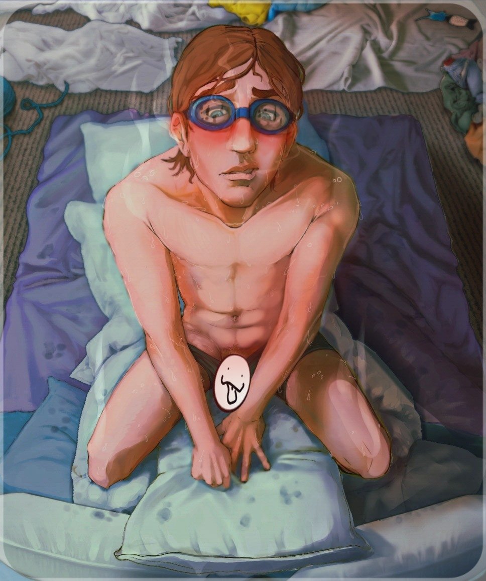 1boy, auburn hair, biting lip, biting own lip, blush, blushing, body pillow, censored genitalia, dispatch (game), goggles, happy trail, horny, in bed, male, male only, masturbation, moiras munch, pillow humping, pillows, pubic hair, skinny, solo, steam, sweat, sweaty, top down view, towel, towels, waterboy (dispatch), wet, wet body, wet hair, wet skin