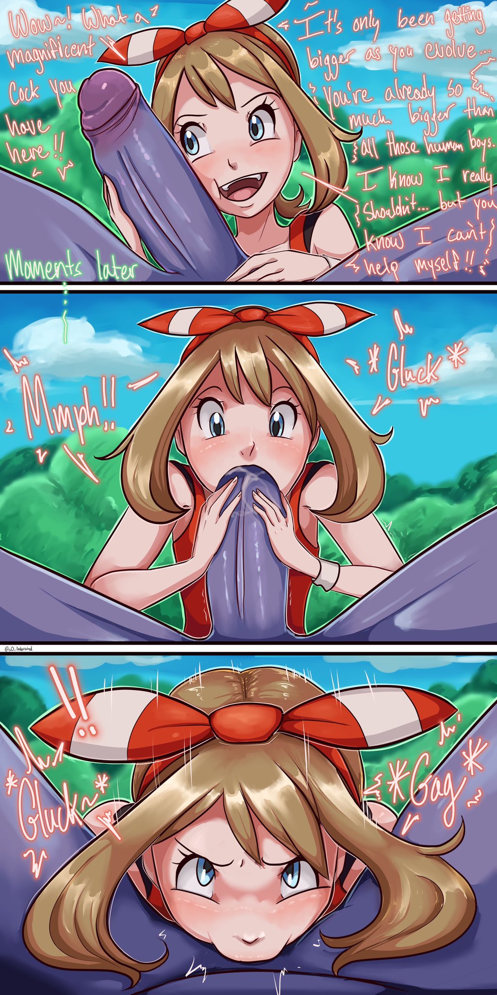1boy, 1girls, 2023, all the way to the base, big penis, blowjob, blue eyes, brown hair, deepthroat, english text, fellatio, female, huge cock, human, light skin, light-skinned female, machoke, male, may (pokemon oras), may (pokemon), monster, oral, oral penetration, oral sex, panels, partial male, penis, penis awe, penis in mouth, pokemon, pokemon (species), pokemon oras, pokephilia, s0 underrated, text