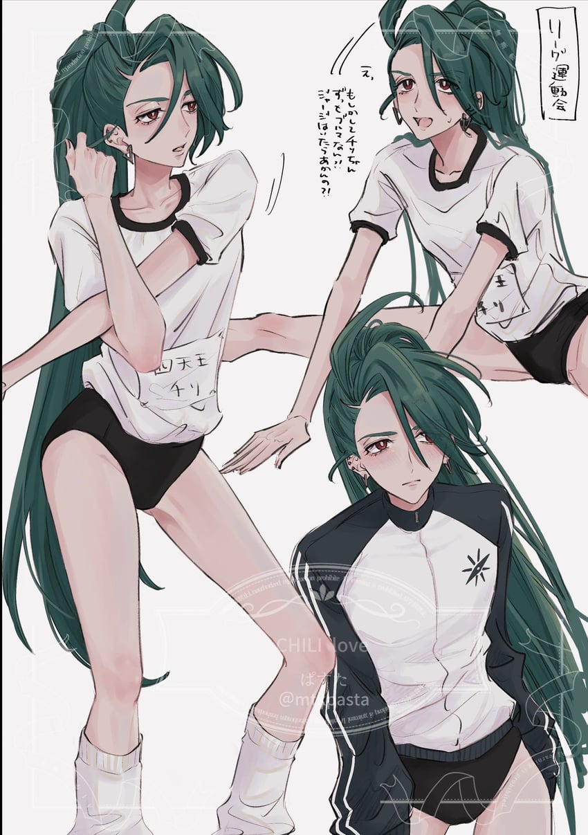 green_hair gym_clothes mtkpasta pokemon rika_(pokemon) small_breasts sports_jacket stretching