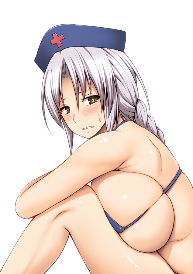 +_+ alternate_costume bare_arms bare_legs bare_shoulders bikini blue_bikini blush braid breasts brown_eyes commentary_request cross diisuke eirin_yagokoro female from_side halterneck hat huge_breasts long_hair looking_at_viewer looking_to_the_side mature_female nurse_cap parted_lips partially_translated red_cross shiny_skin silver_hair single_braid sitting skindentation solo sweat swimsuit symbol-shaped_pupils touhou translation_request yagokoro_eirin