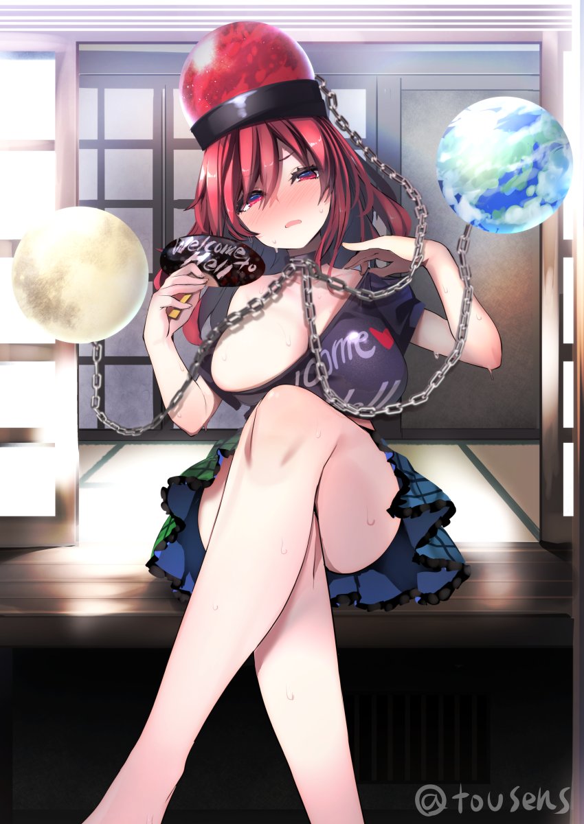 big_breasts black_headwear black_shirt blush breasts chains clothes_writing crossed_legs door earth_(ornament) feet_out_of_frame female hand_fan hecatia_lapislazuli highres holding holding_fan large_breasts looking_at_viewer mature_female medium_hair moon_(ornament) multicolored_clothes multicolored_skirt off-shoulder_shirt off_shoulder open_mouth plaid plaid_skirt red_eyes red_hair shirt short_sleeves shrine sitting skirt solo sweat touhou tousen twitter_username