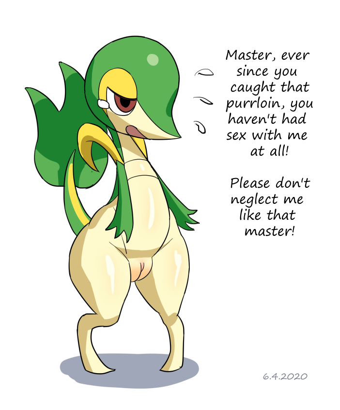 anthro bodily_fluids brown_eyes dialogue eyelashes female feral flat_chested generation_5_pokemon genitals green_body joliv nintendo nude open_mouth pokemon pokemon_(species) pussy semi-anthro simple_background snivy solo tan_body tears text thick_thighs white_background wide_hips