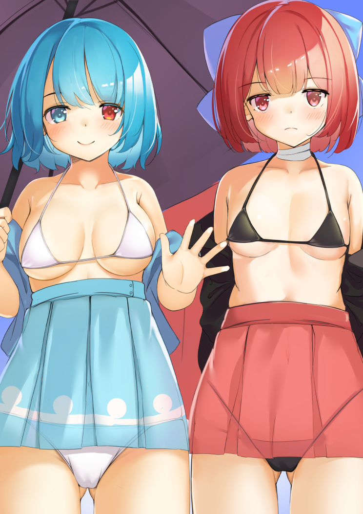 2girls bad_id bad_pixiv_id bandaged_neck bandages bikini black_bikini black_shirt blue_eyes blue_hair blue_skirt blue_vest blush breasts cameltoe closed_mouth commentary_request cowboy_shot eyebrows_hidden_by_hair hair_between_eyes heterochromia high-waist_skirt highleg highleg_bikini holding holding_umbrella kogasa_tatara large_breasts looking_at_viewer medium_breasts micro_bikini multiple_girls off_shoulder piyodesu red_eyes red_hair red_skirt sekibanki shirt short_hair skirt smile swimsuit tagme tatara_kogasa touhou umbrella vest white_bikini