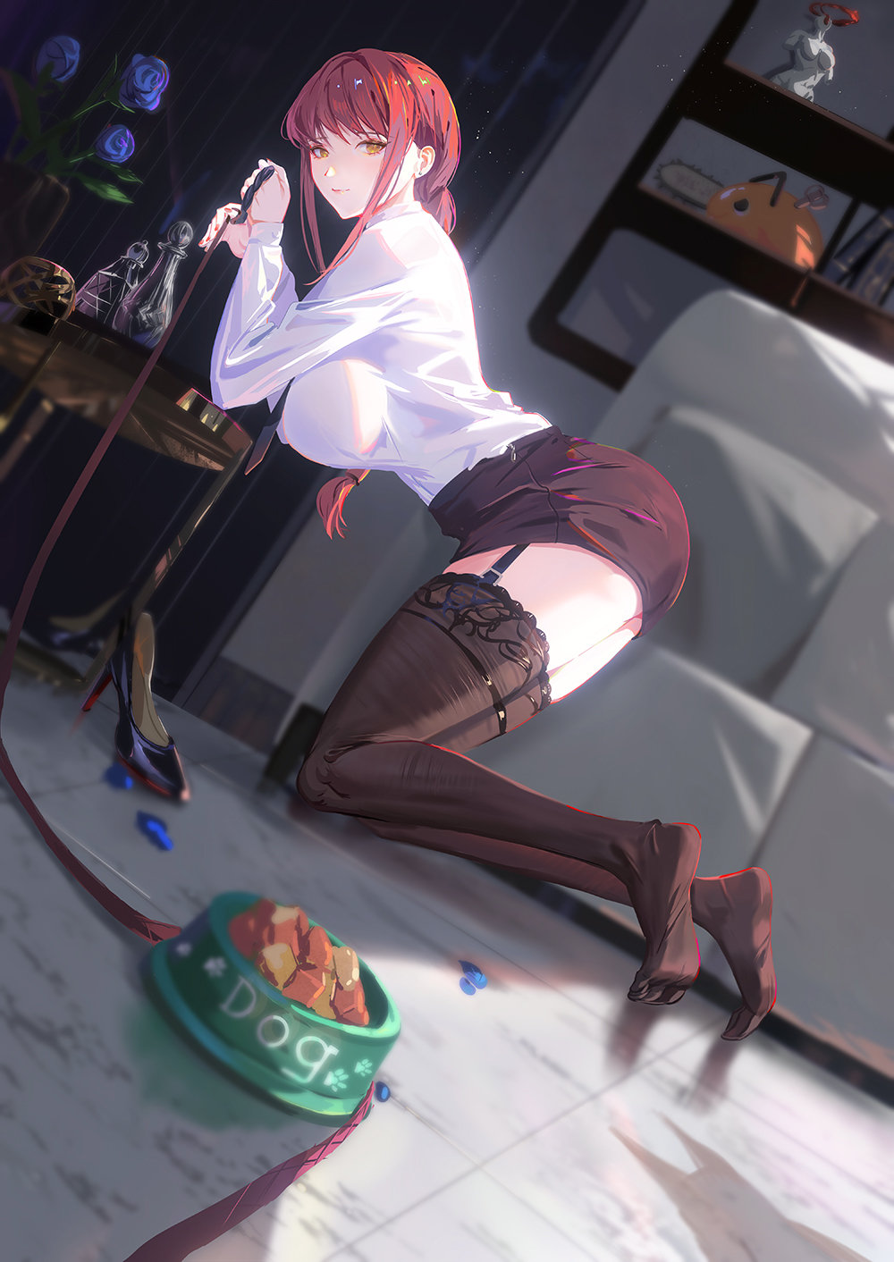 1girls, bent over, black footwear, black garter straps, bowl, breasts, brown skirt, brown thighhighs, chainsaw man, female, flower, from side, full body, garter straps, highres, holding, holding leash, indoors, large breasts, leash, leashed pov, long sleeves, looking at viewer, makima (chainsaw man), pet bowl, pov, purple flower, red hair, sansan (dongfangzhong111), shirt, shirt tucked in, skirt, solo, submissive pov, thighhighs, viewer pov, white shirt, yellow eyes, zettai ryouiki