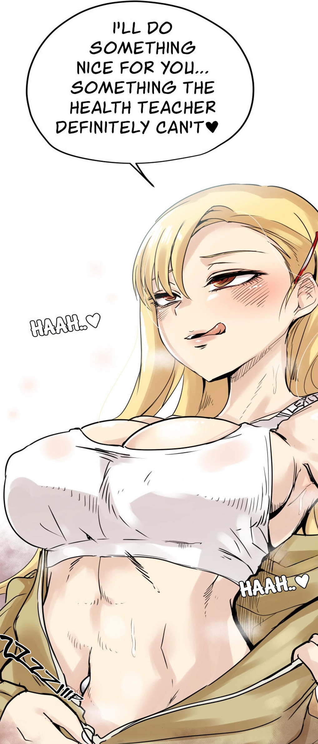 1girls abs big_breasts blonde_hair blush breasts brown_eyes english_text female_focus female_only huge_breasts iljin_romance jina_(iljin_romance) korean_female licking_lips licking_own_lips manhwa screencap solo speech_bubble steam sweat tongue topwear unzipped unzipped_jacket unzipping