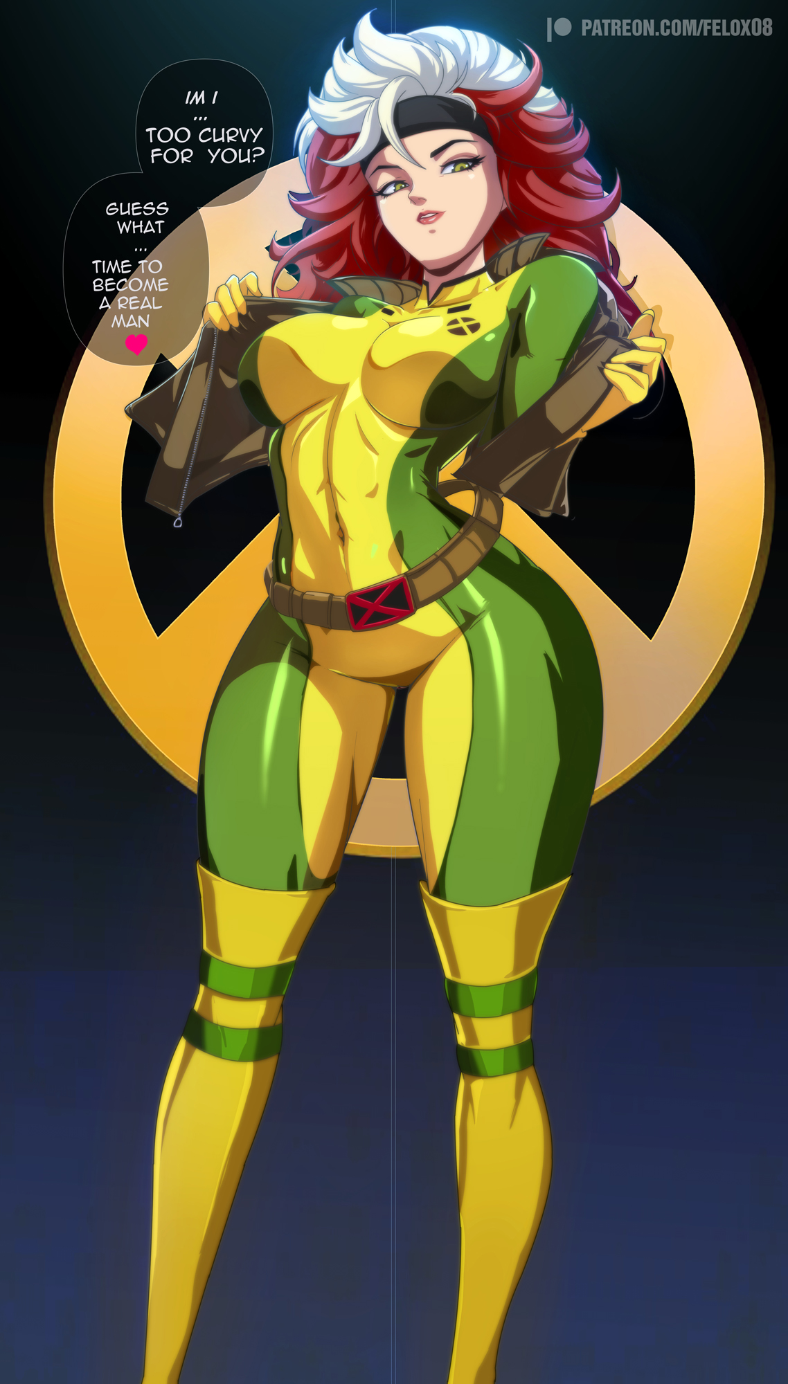 1girls, 2024, abs, anna marie, belt, big breasts, bodysuit, bodysuit under clothes, breasts, brown hair, clothed, clothing, color, curvy, dialogue box, english text, felox08, female, female focus, female only, fit, fit female, fully clothed, fully clothed female, green bodysuit, green clothing, hi res, large breasts, light skin, light-skinned female, long hair, looking at viewer, marvel, marvel comics, muscles, muscular, muscular female, mutant, patreon, patreon logo, patreon url, perky breasts, rogue (x-men), shiny clothes, skin tight suit, solo, solo female, superheroine, tagme, text, text bubble, thick thighs, thigh gap, tight clothing, twitter link, two-tone clothing, x-men, yellow eyes