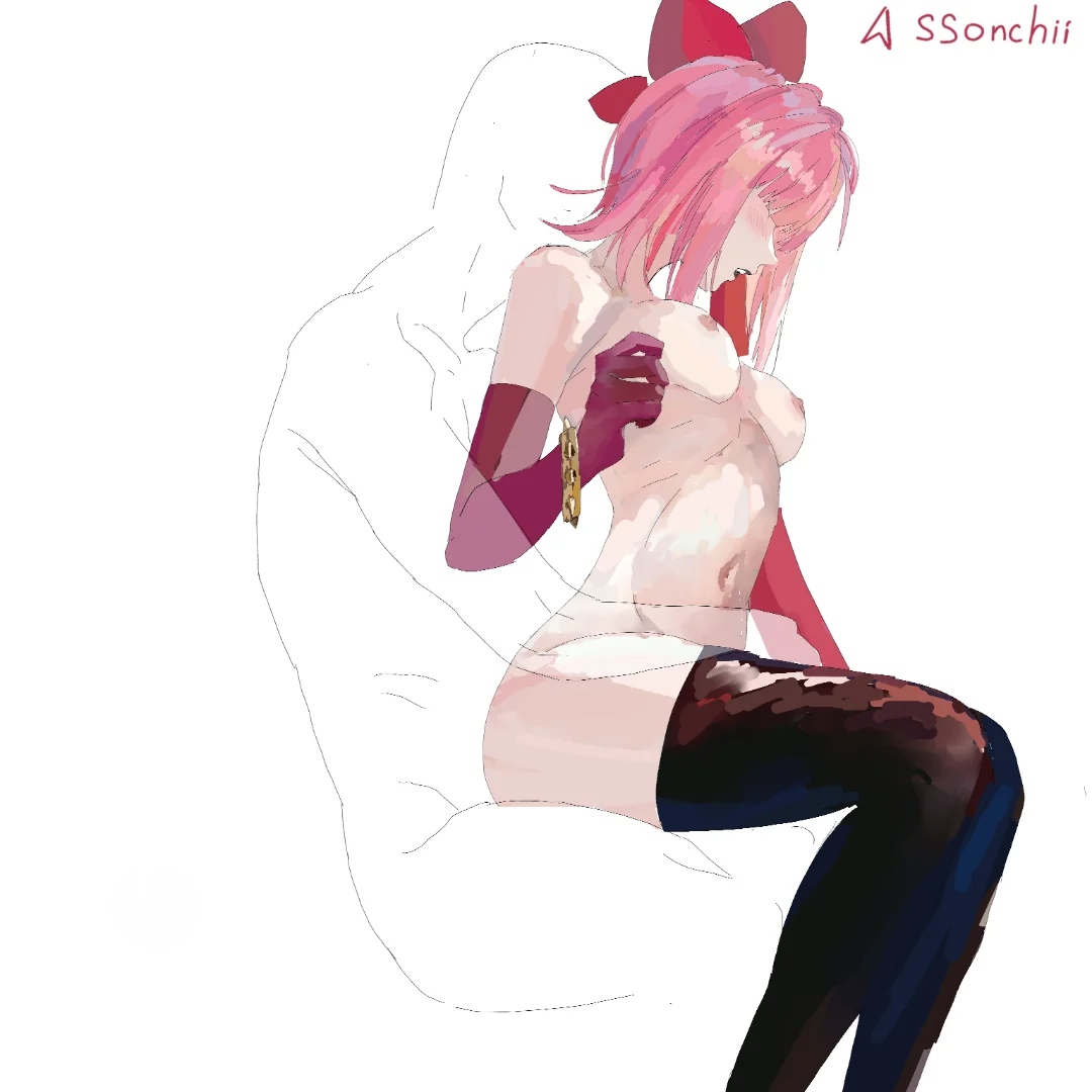 1boy, 1girls, brawl stars, breasts, curvy, female, male, melodie (brawl stars), pink hair, small breasts, thighhighs