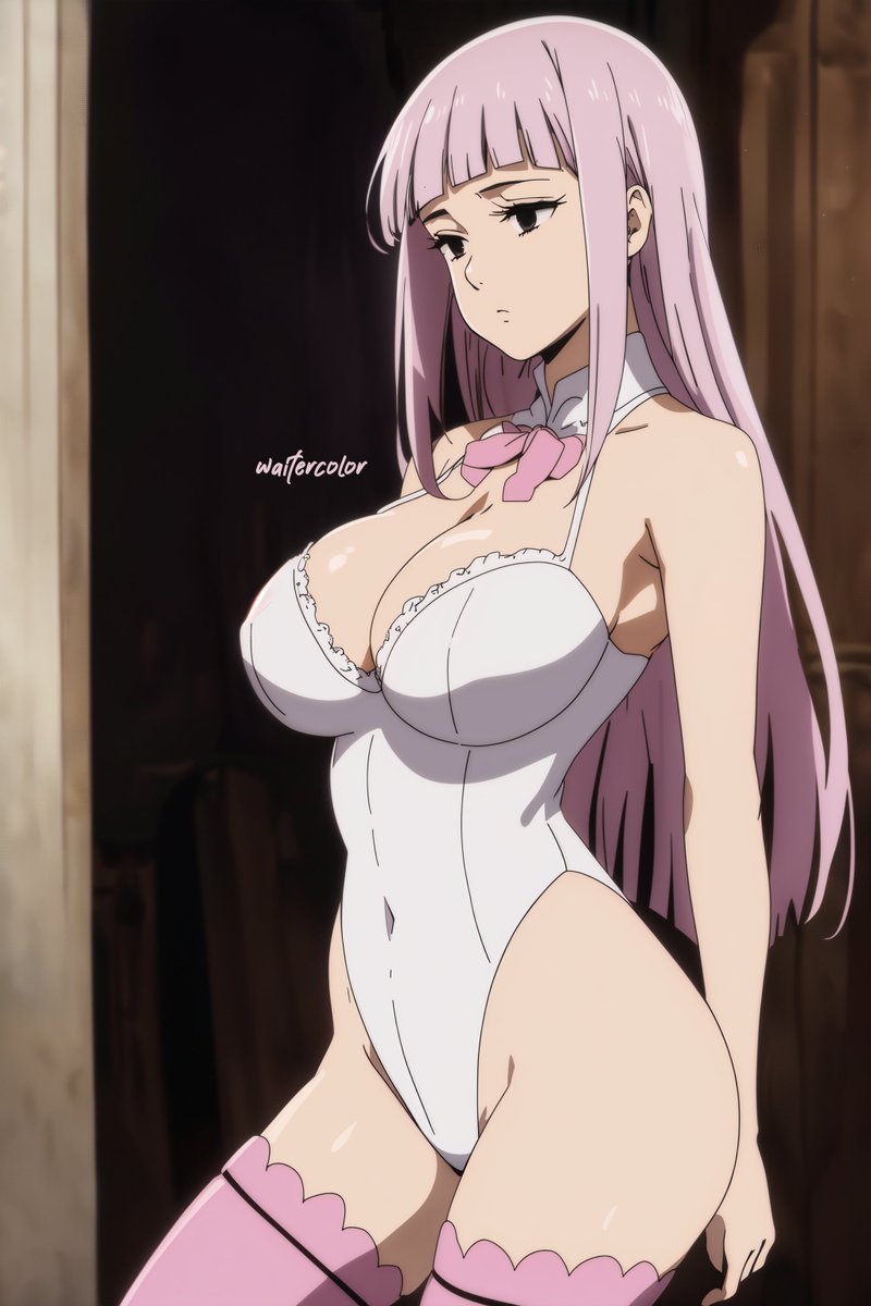 1girls ai_generated ass big_ass big_breasts black_eyes breasts demon_girl fat_ass female female_focus female_only legs leotard long_hair melascula nanatsu_no_taizai pink_hair solo_focus the_seven_deadly_sins thighhighs white_leotard