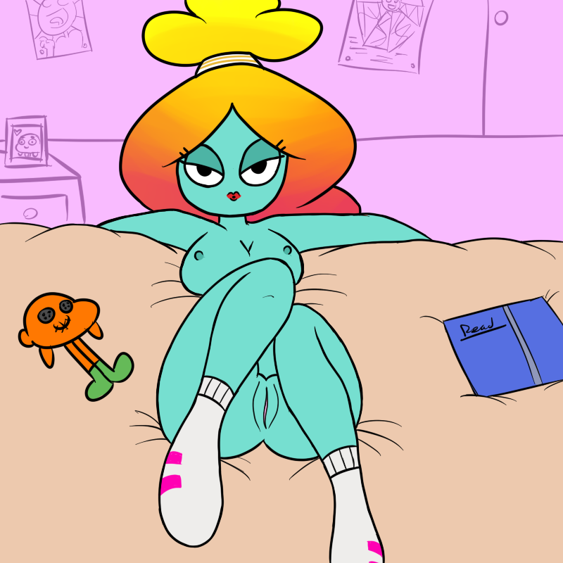 1girls anthro bedroom_eyes bluejr breasts cartoon_network darwin_watterson framed_photo functionally_nude horny_female looking_at_viewer no_areola on_bed poster puckered_lips pussy rachel_wilson seductive_look solo tagme the_amazing_world_of_gumball voodoo_doll